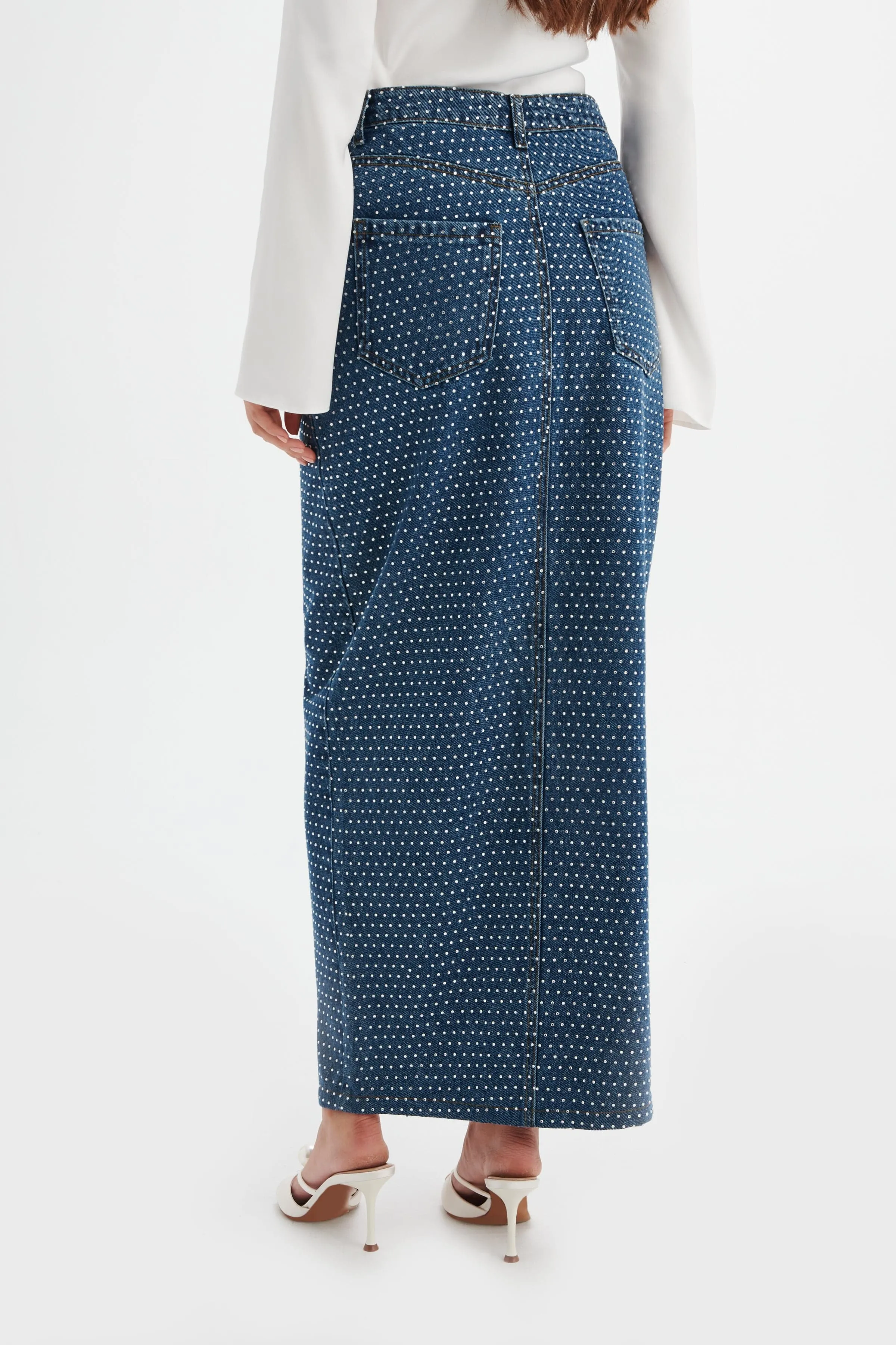 HARPER Crystal Embellished Denim Maxi Skirt in Dark Blue sold by Lavish Alice product image thumbnail 3