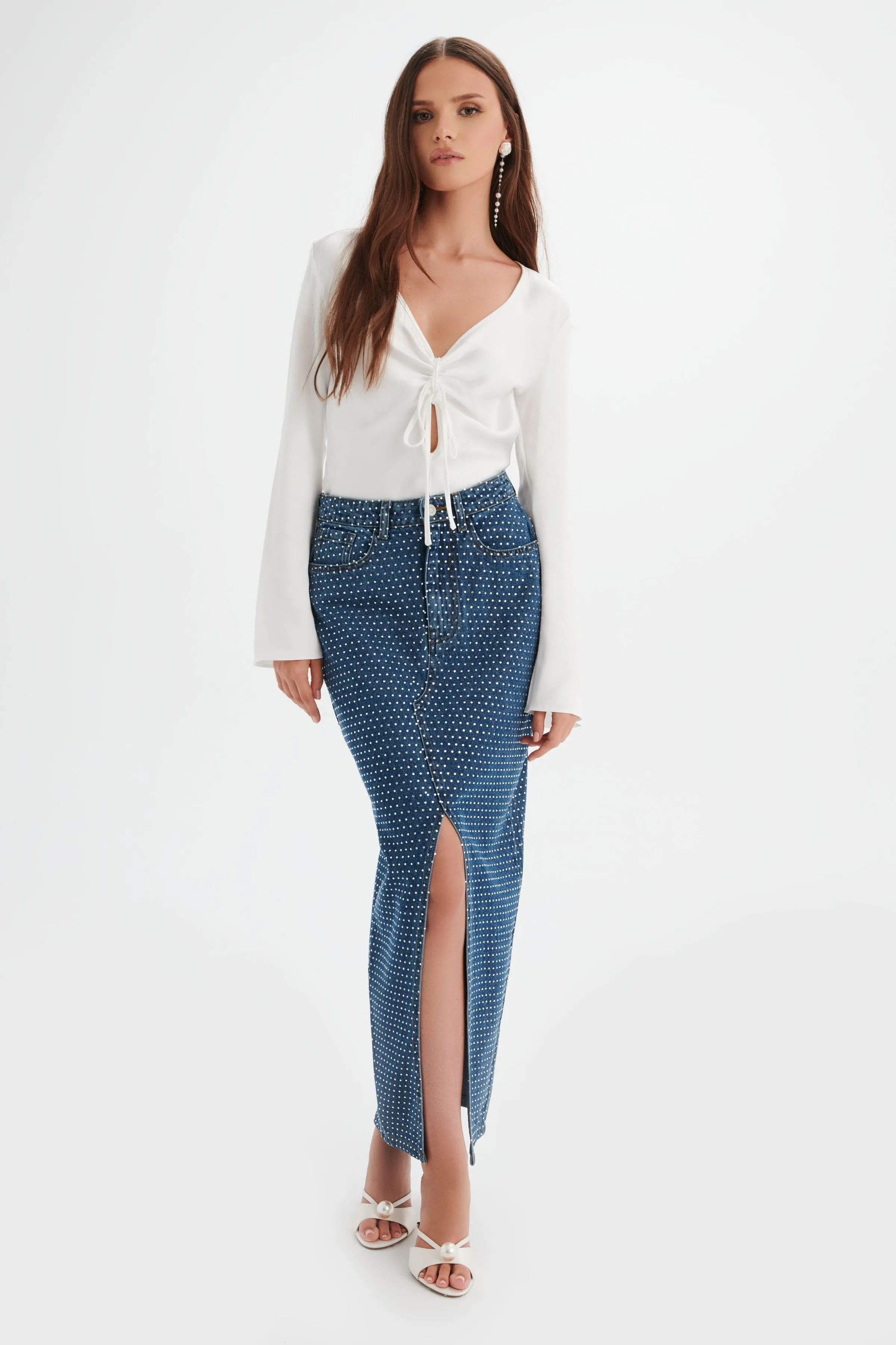 HARPER Crystal Embellished Denim Maxi Skirt in Dark Blue sold by Lavish Alice