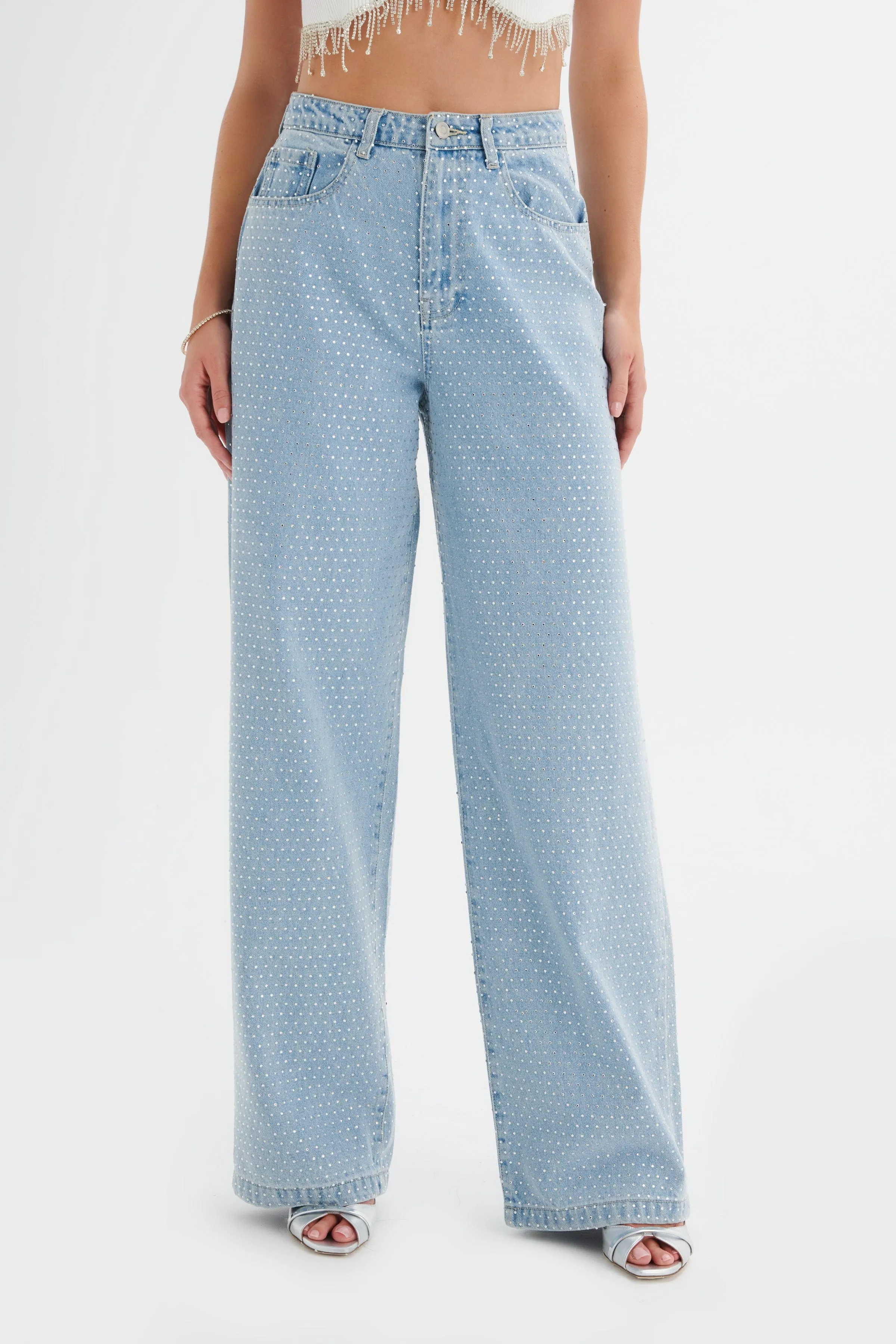 LILLIE Crystal Embellished Straight Leg Denim Jeans in Light Blue sold by Lavish Alice product image thumbnail 2