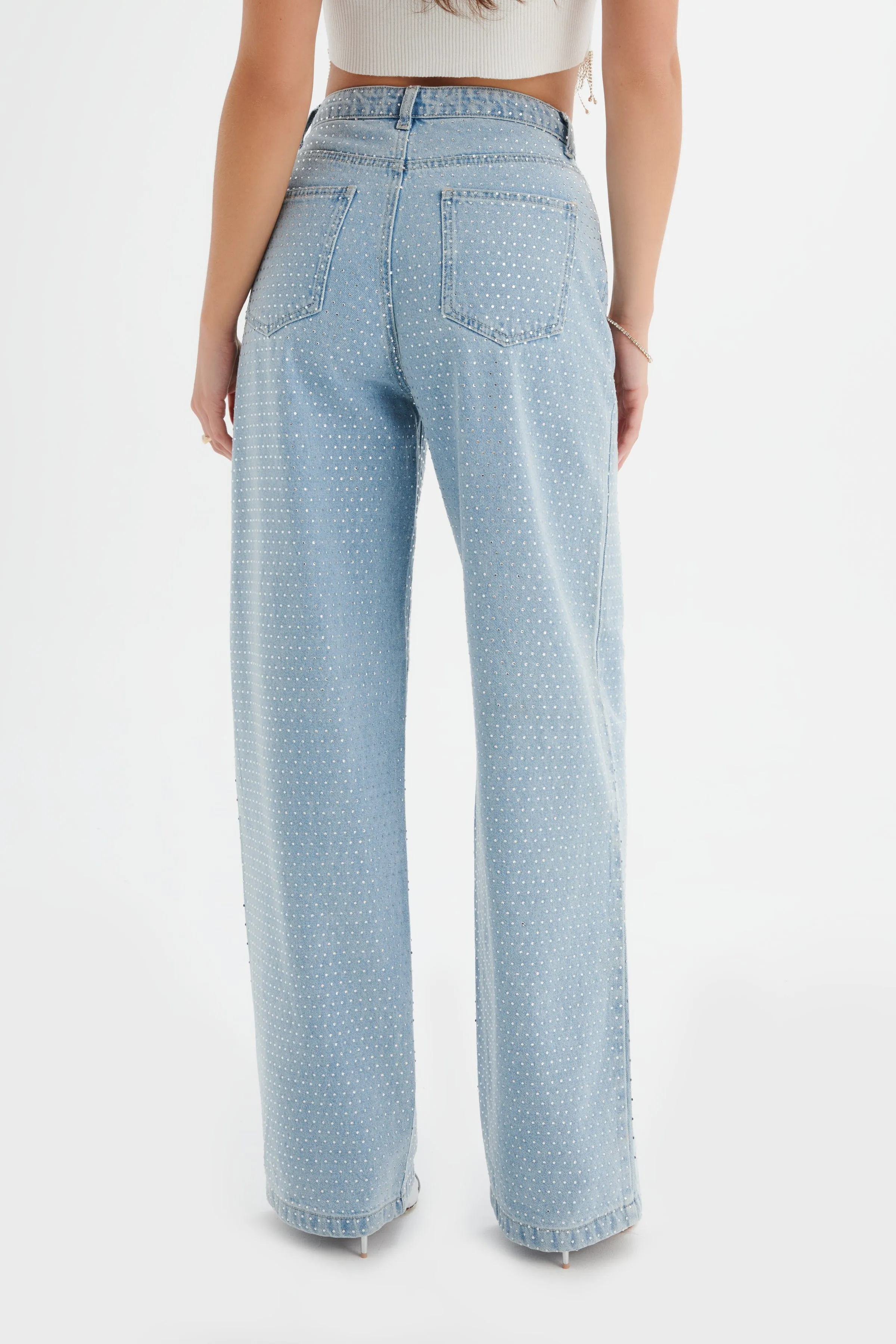 LILLIE Crystal Embellished Straight Leg Denim Jeans in Light Blue sold by Lavish Alice product image thumbnail 4