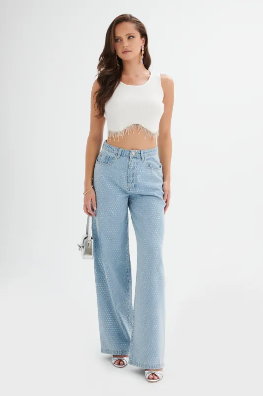 LILLIE Crystal Embellished Straight Leg Denim Jeans in Light Blue sold by Lavish Alice