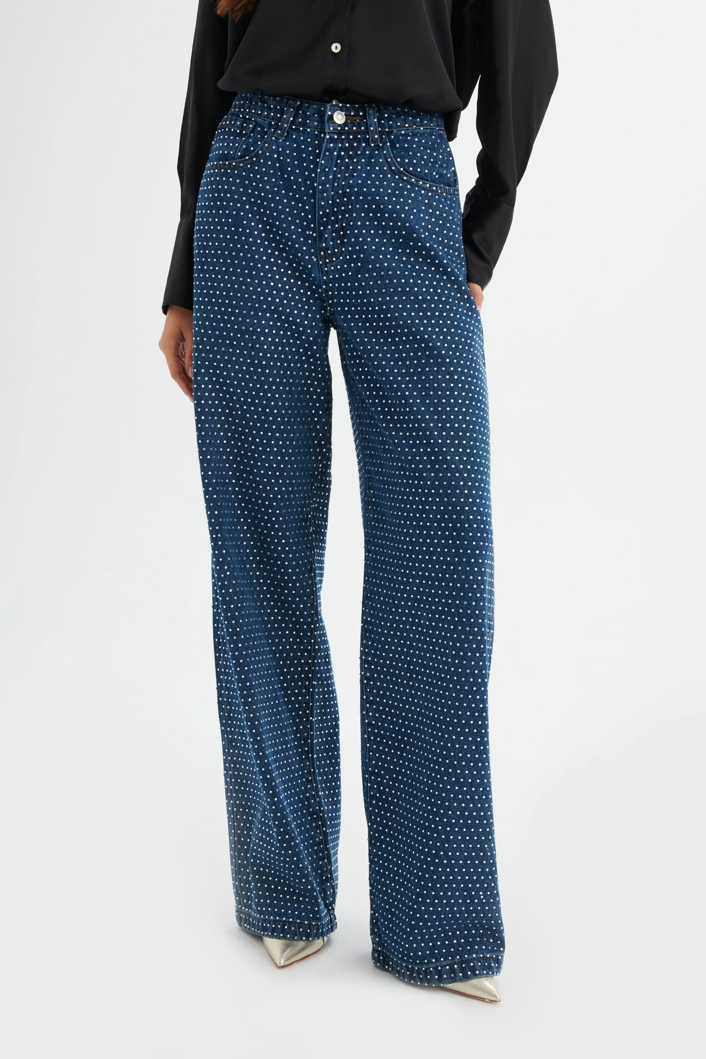 LILLIE Crystal Embellished Straight Leg Denim Jeans in Dark Blue sold by Lavish Alice