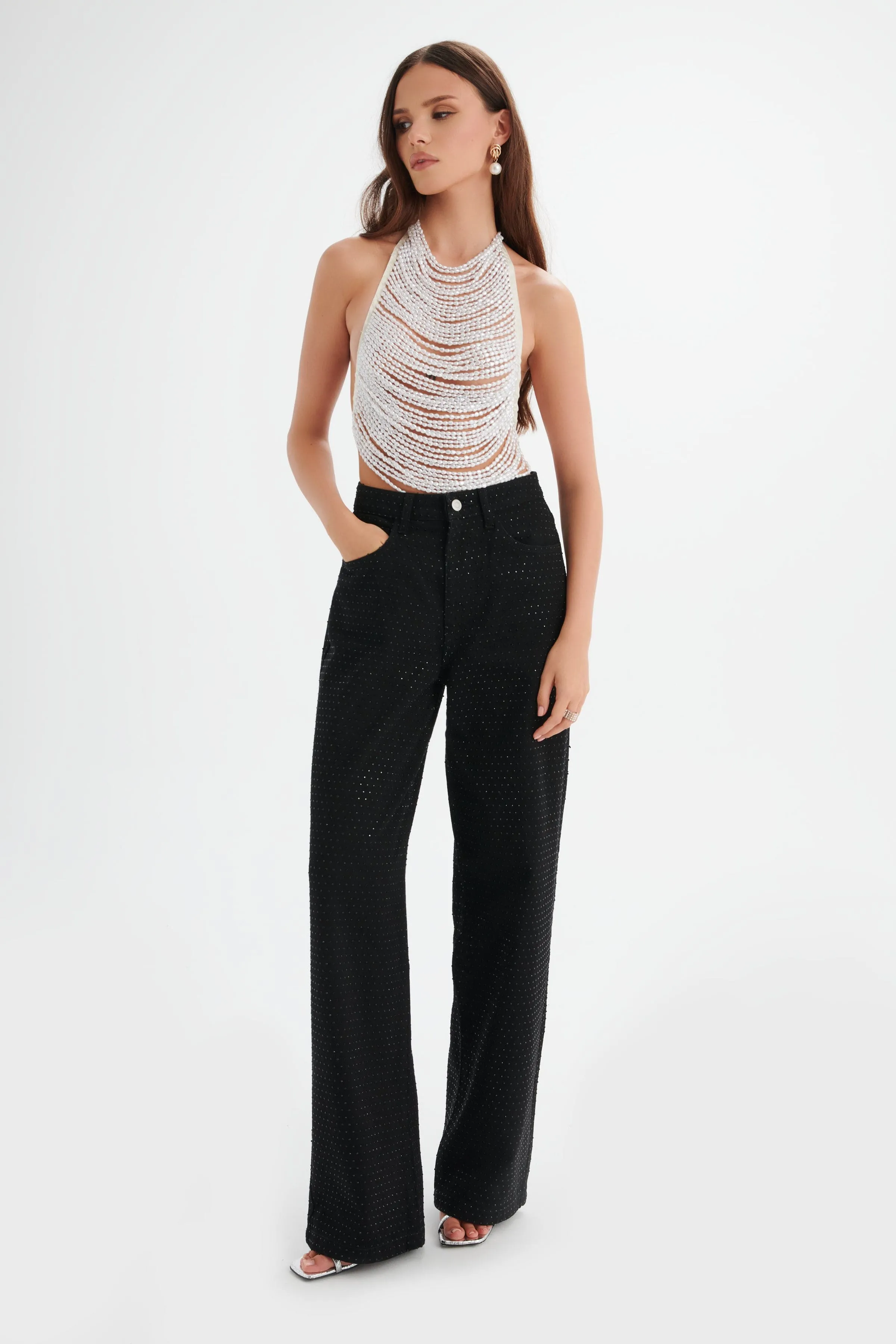 LILLIE Crystal Embellished Straight Leg Denim Jeans in Black sold by Lavish Alice
