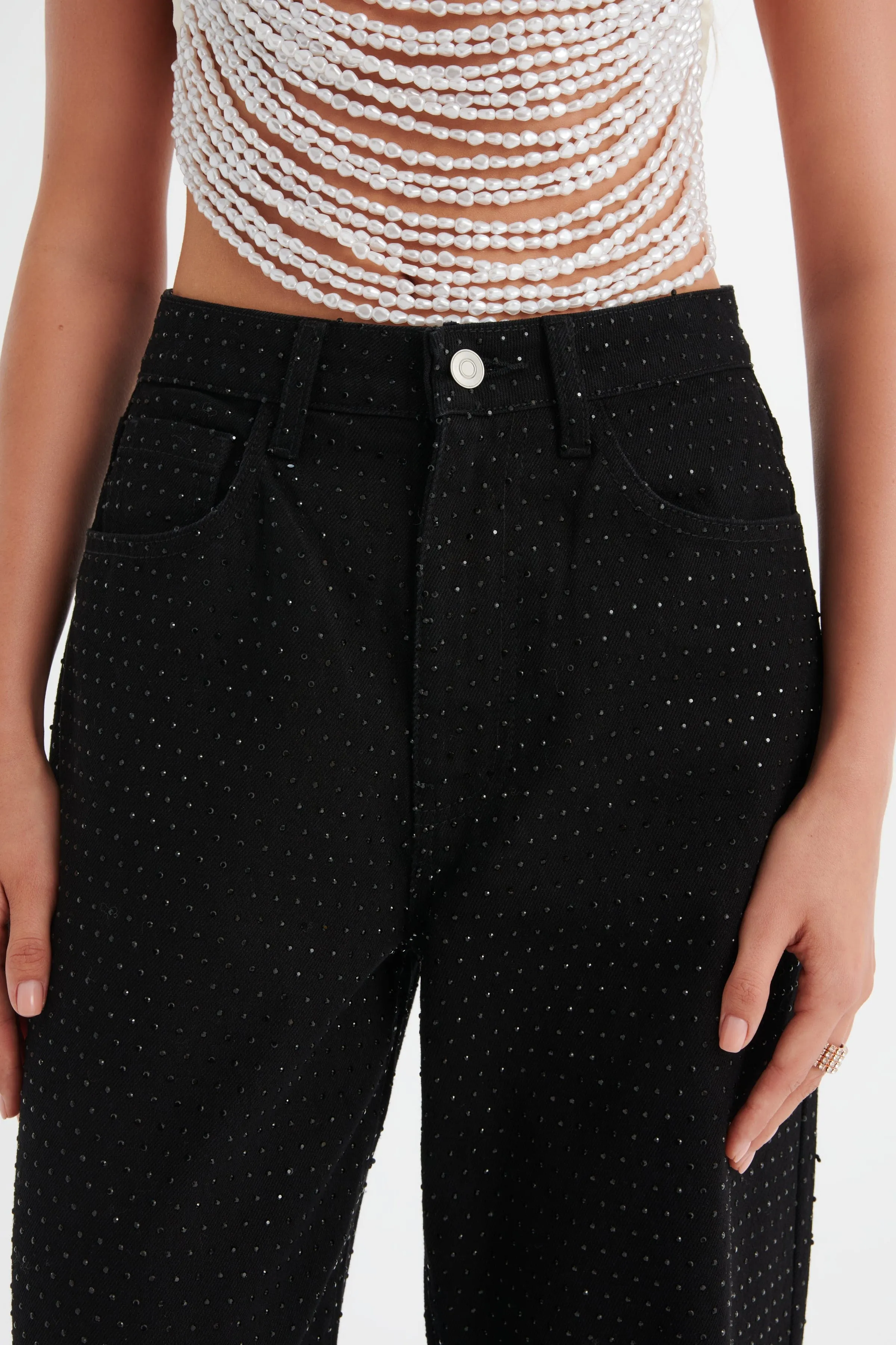 LILLIE Crystal Embellished Straight Leg Denim Jeans in Black sold by Lavish Alice product image thumbnail 4