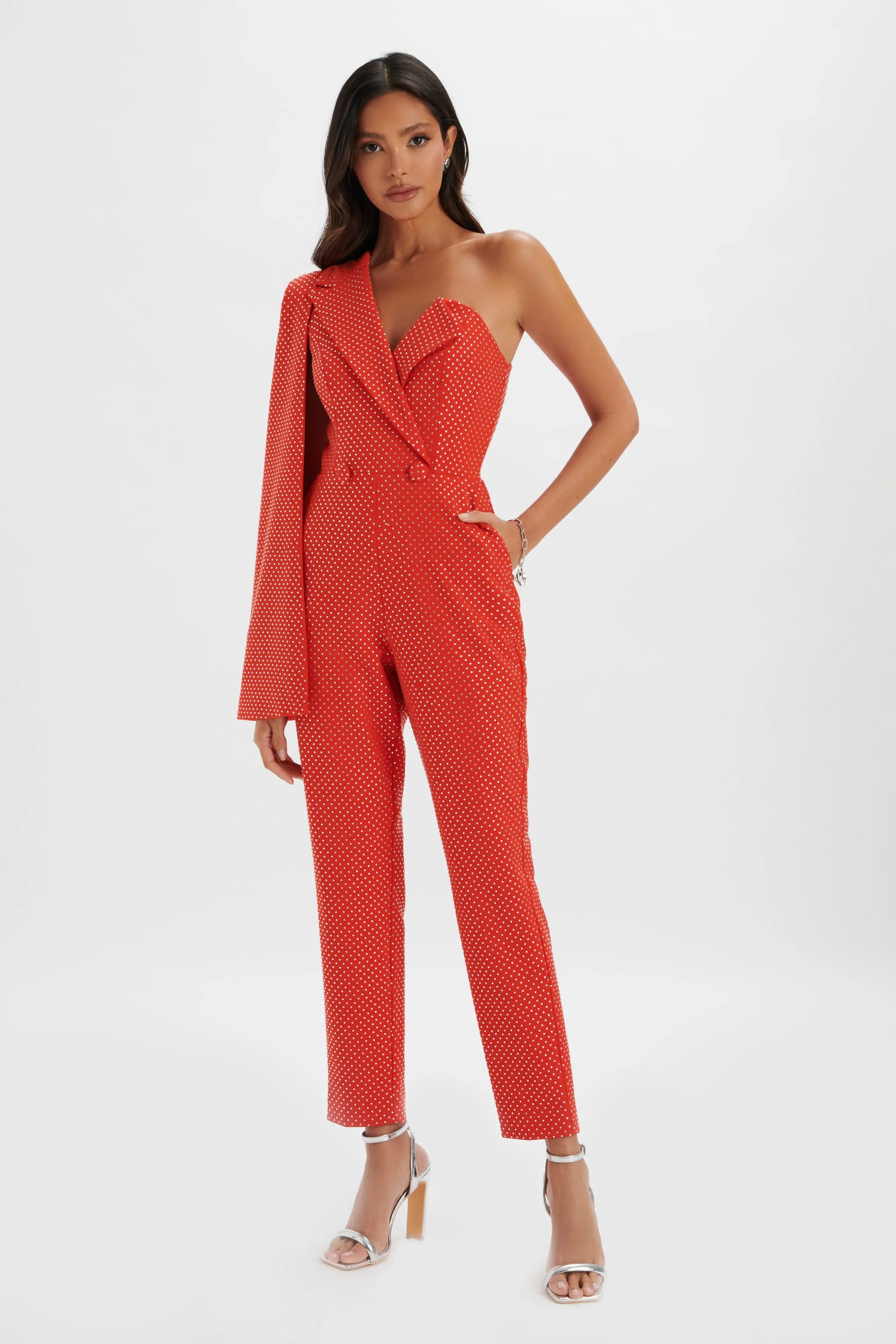 MISCHA Crystal Embellished One Shoulder Cape Jumpsuit in Red sold by Lavish Alice