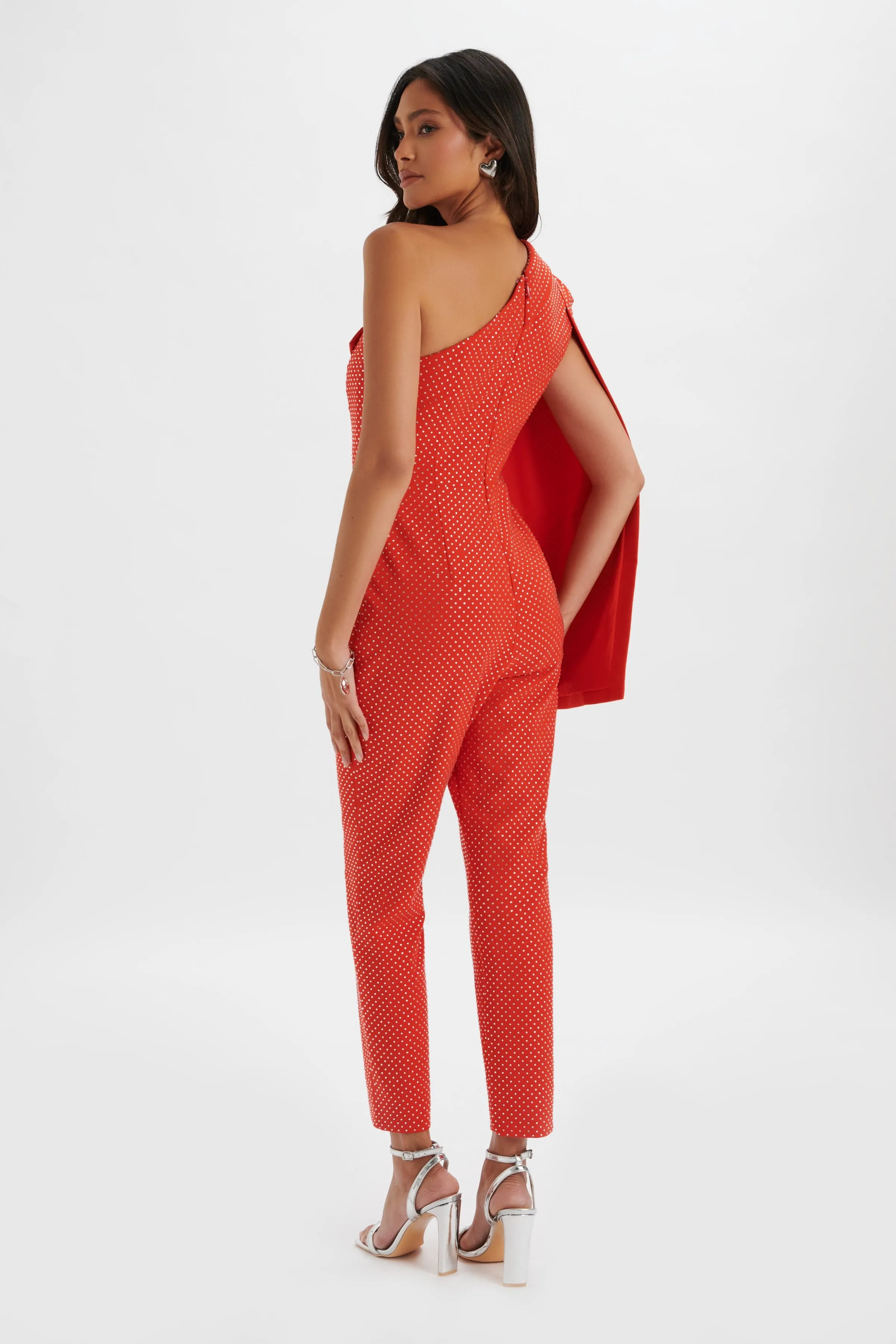 MISCHA Crystal Embellished One Shoulder Cape Jumpsuit in Red sold by Lavish Alice product image thumbnail 3