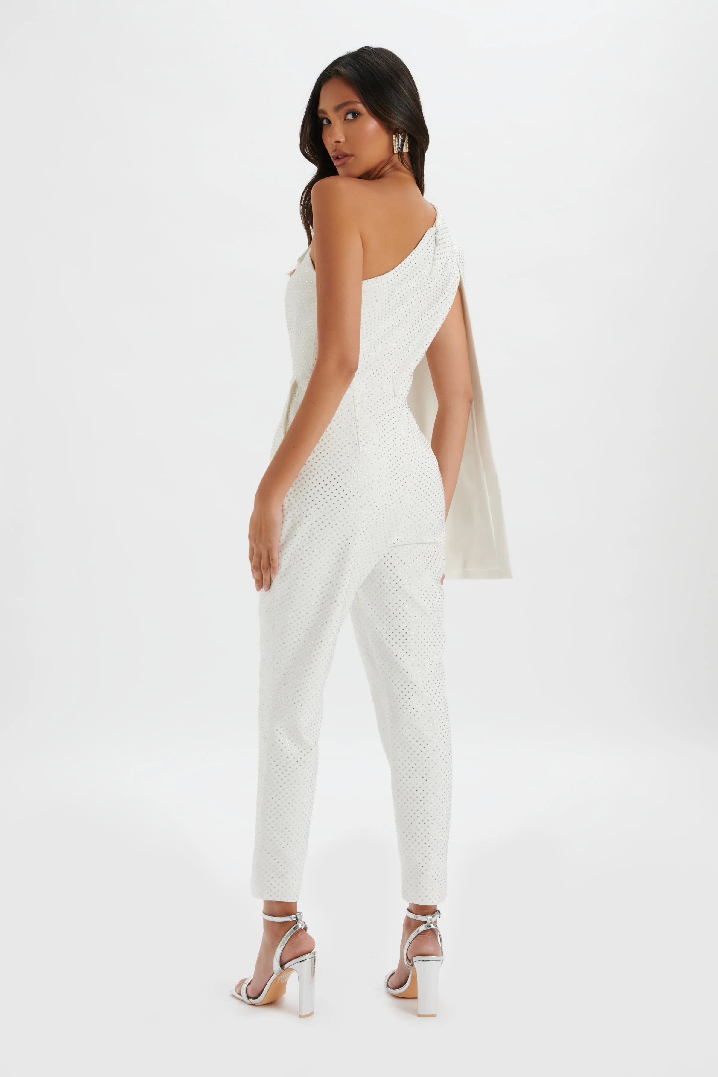 MISCHA Crystal Embellished One Shoulder Cape Jumpsuit in White sold by Lavish Alice product image thumbnail 4