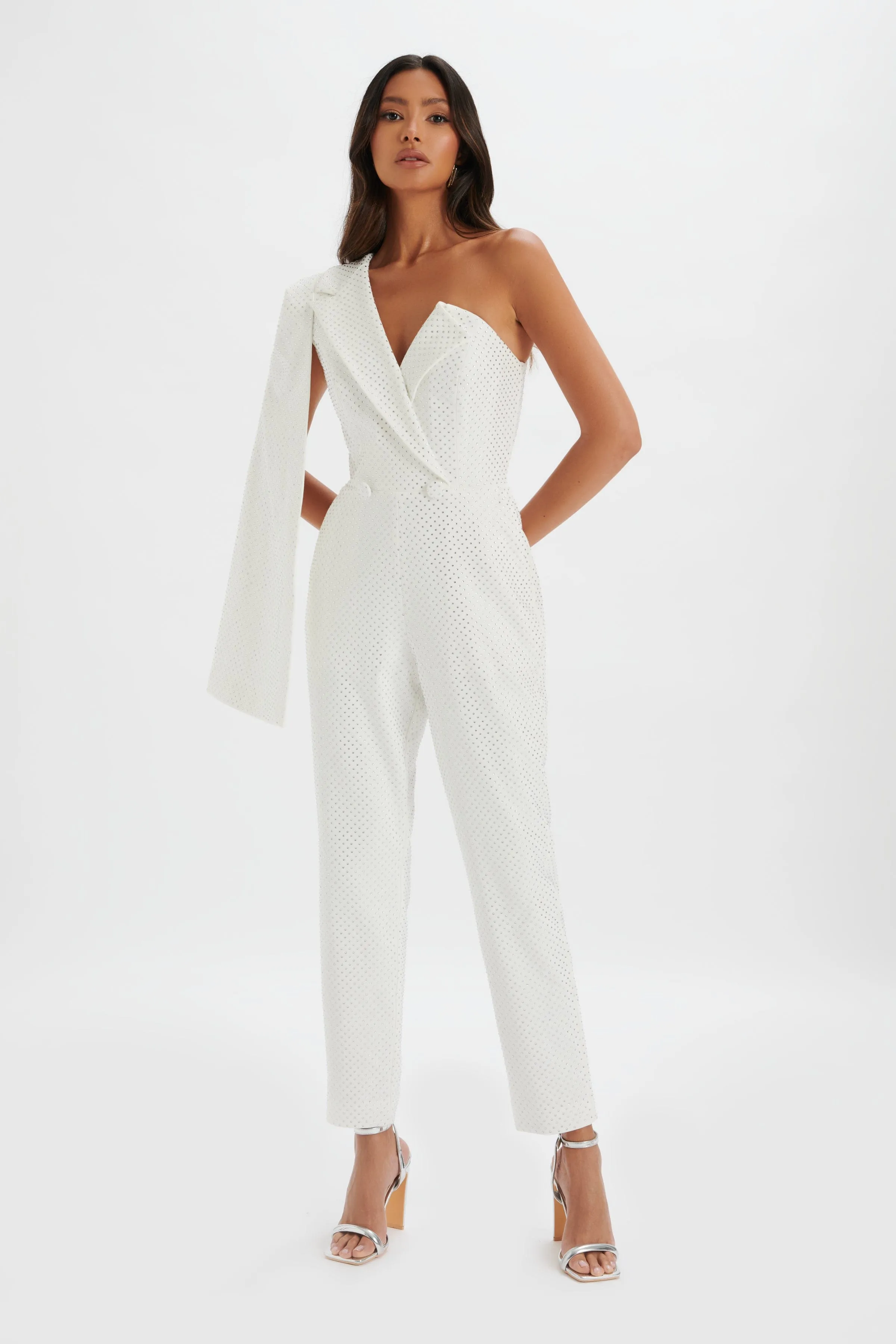 MISCHA Crystal Embellished One Shoulder Cape Jumpsuit in White sold by Lavish Alice