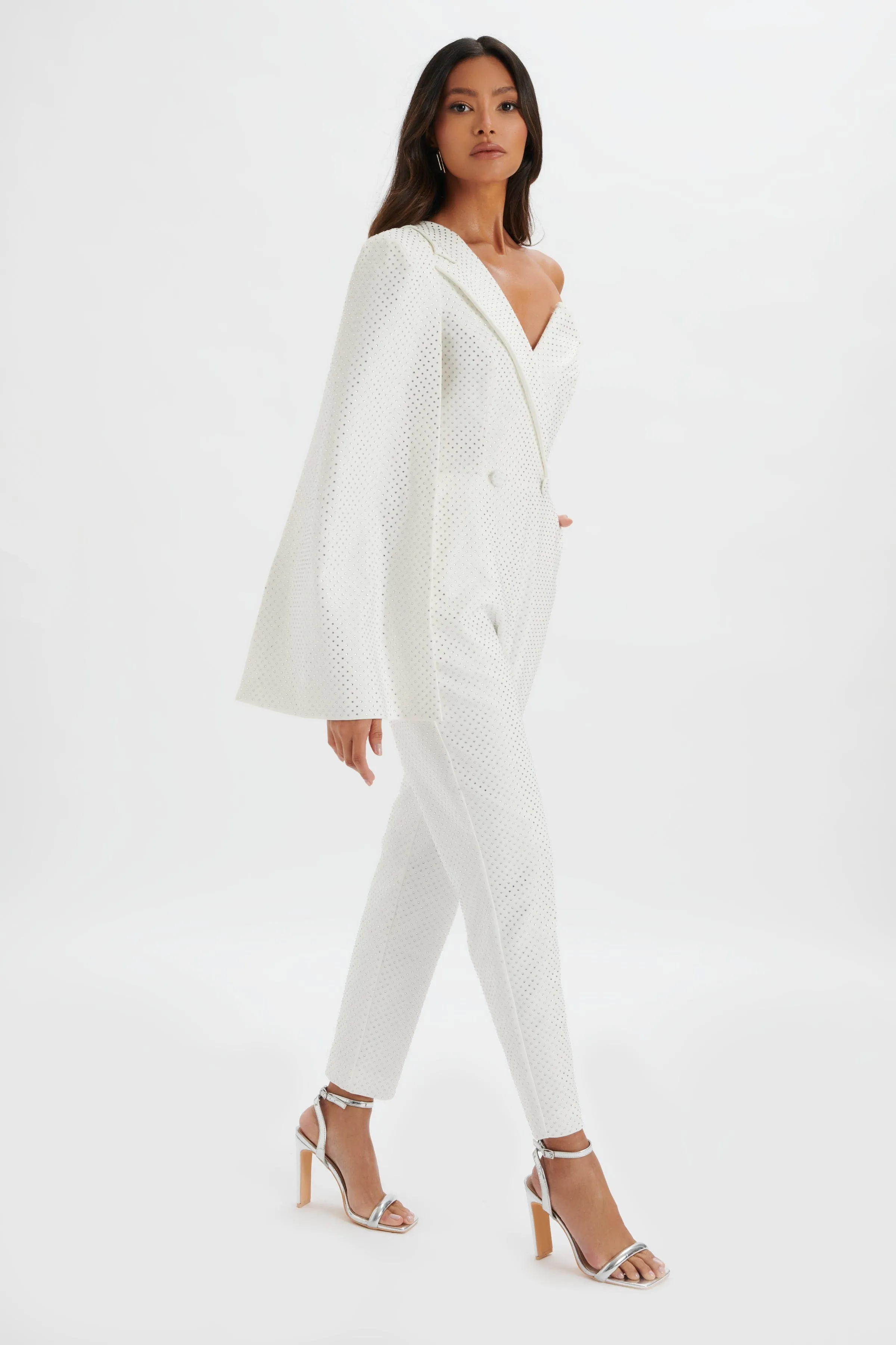 MISCHA Crystal Embellished One Shoulder Cape Jumpsuit in White sold by Lavish Alice product image thumbnail 2