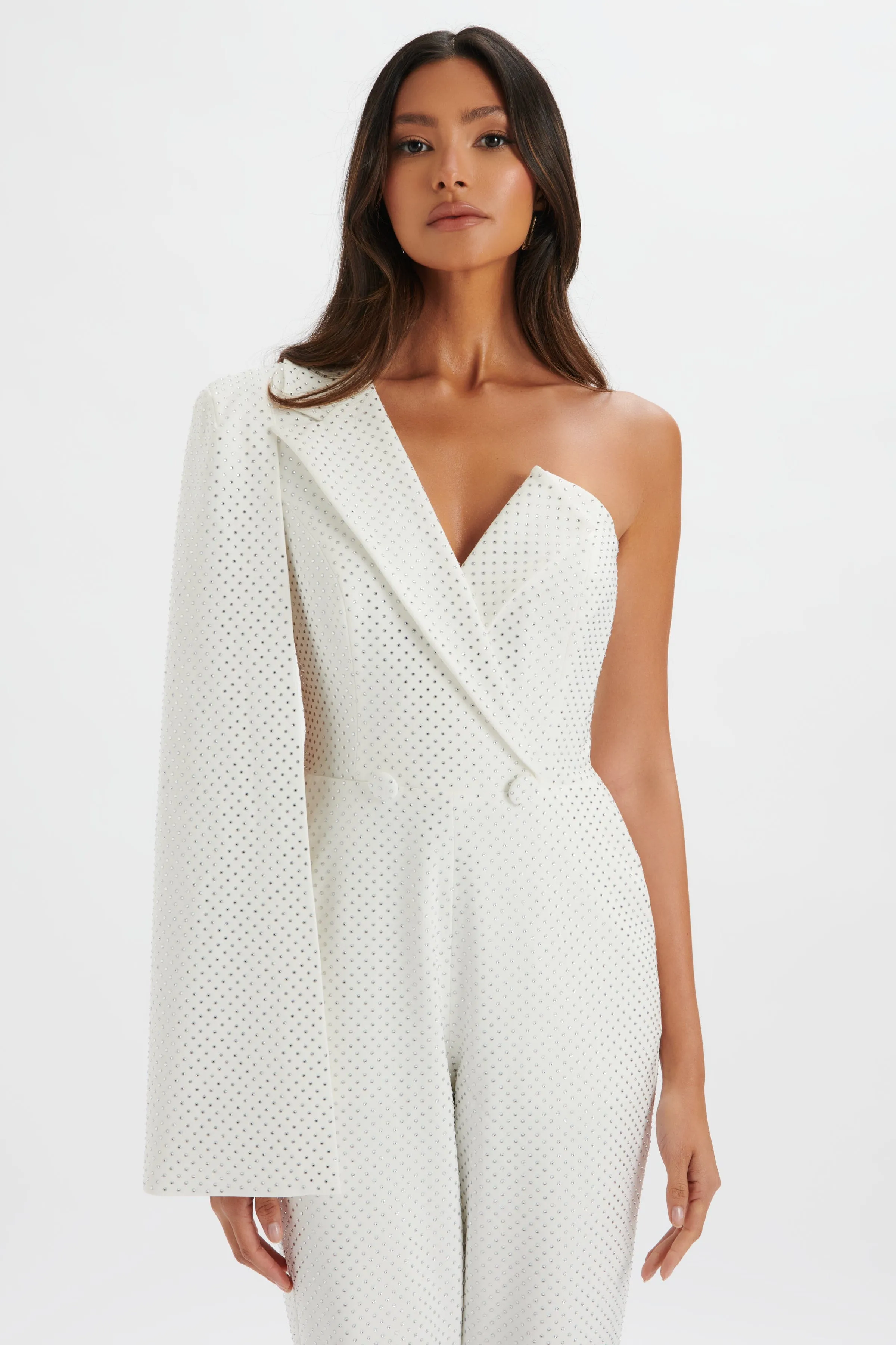 MISCHA Crystal Embellished One Shoulder Cape Jumpsuit in White sold by Lavish Alice product image thumbnail 3