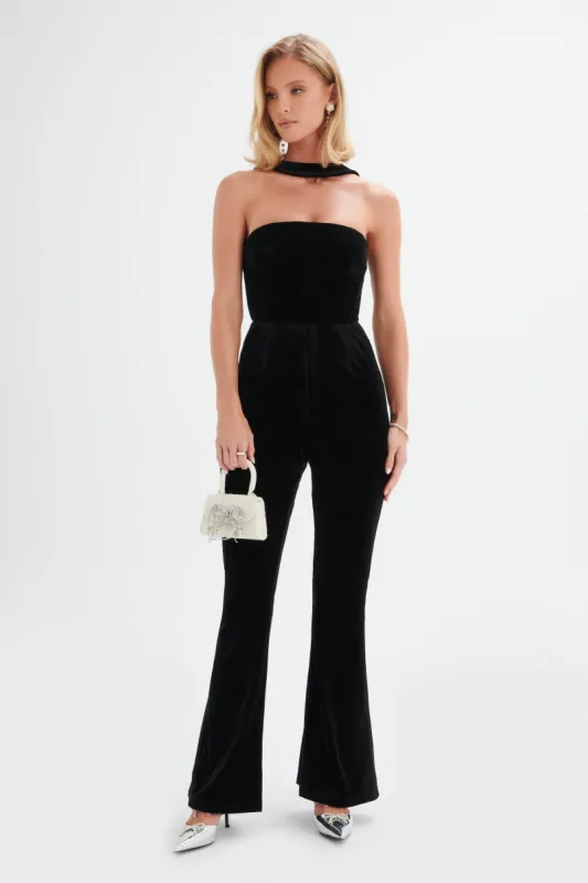 HAZEL High Neck Velvet Jumpsuit in Black sold by Lavish Alice