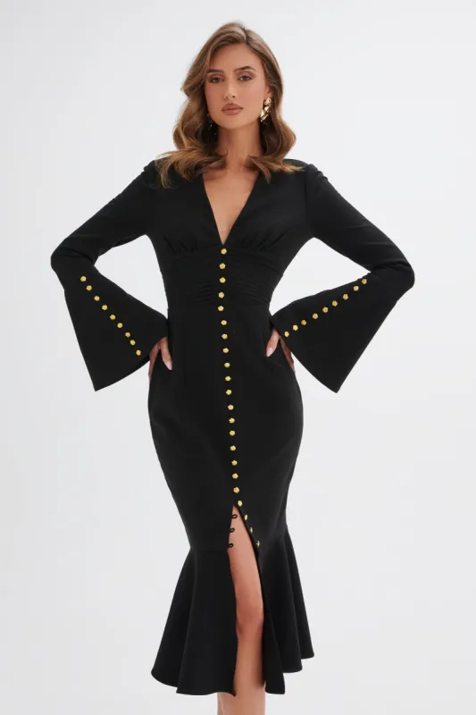 SALMA Fluted Sleeve Rose Button Midi Dress in Black sold by Lavish Alice