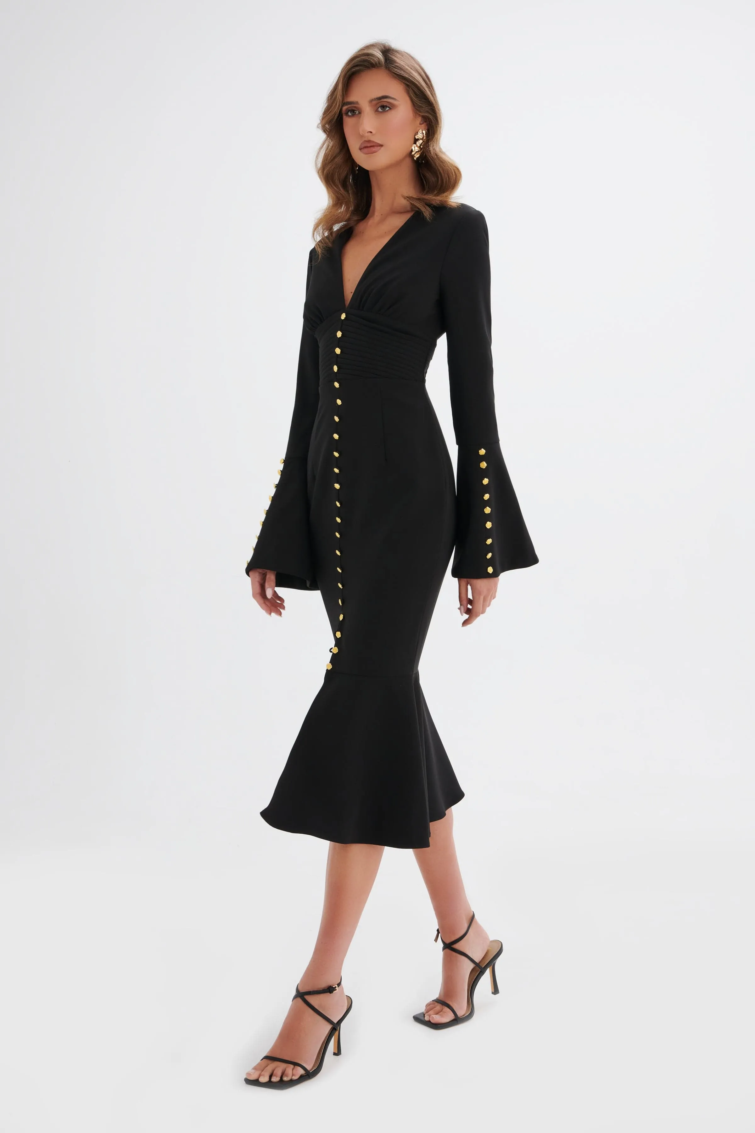 SALMA Fluted Sleeve Rose Button Midi Dress in Black sold by Lavish Alice product image thumbnail 3