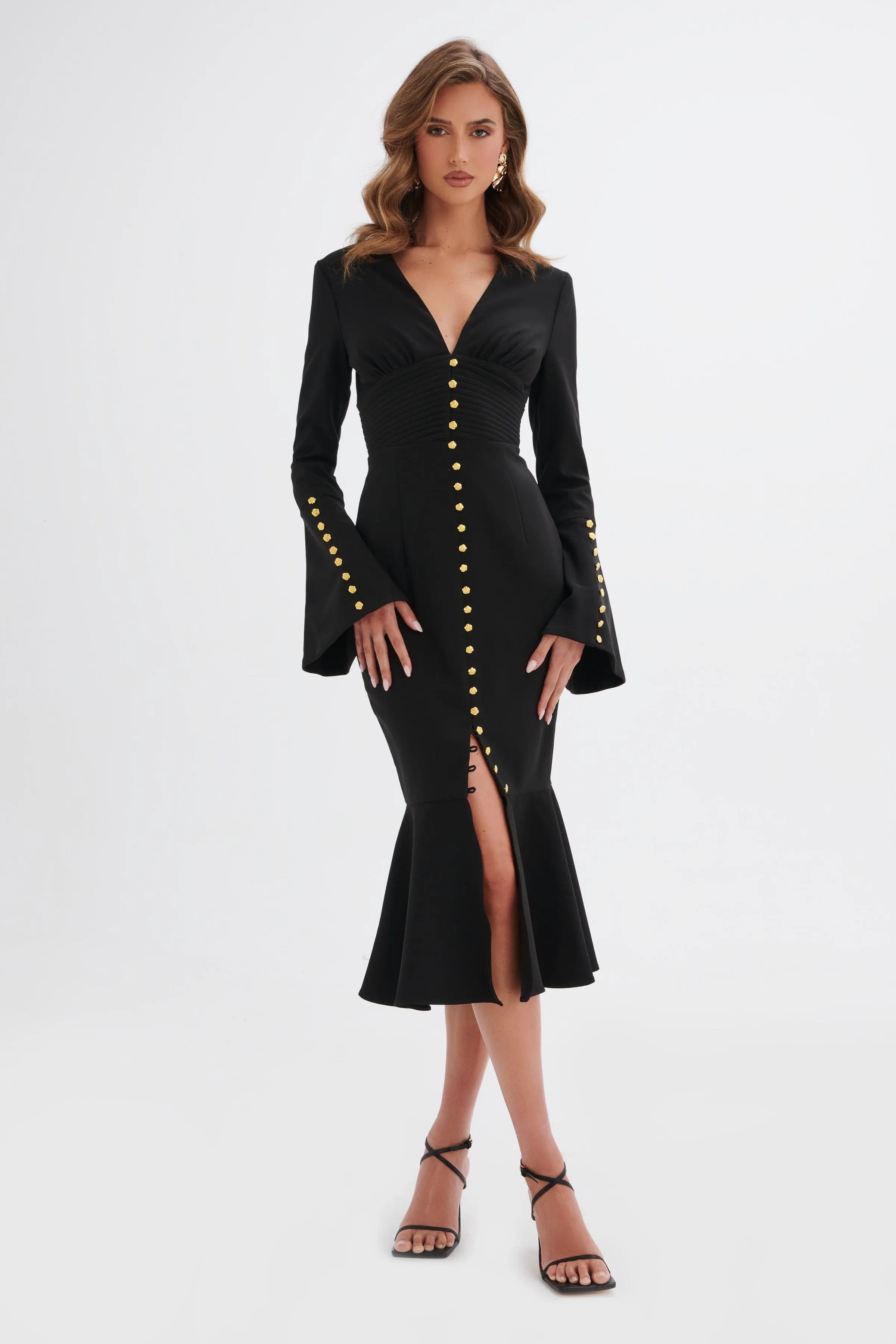 SALMA Fluted Sleeve Rose Button Midi Dress in Black sold by Lavish Alice product image thumbnail 2