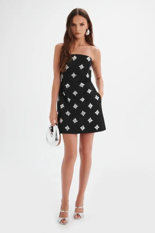 ANNABELLE Embellished Satin Mini Dress in Black sold by Lavish Alice