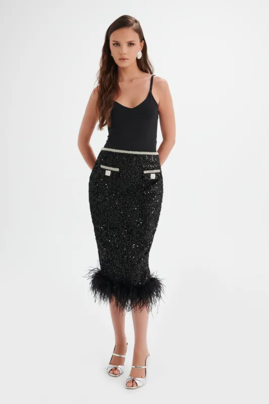 KYLIE Sequin Boucle Feather Hem Midi Skirt in Black made by Lavish Alice