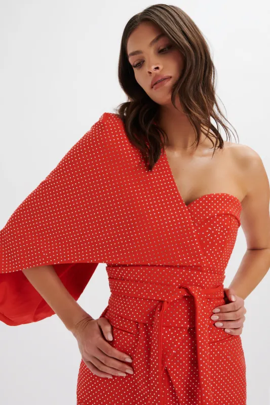 ERIN Crystal Embellished Asymmetric Cape Blazer in Red sold by Lavish Alice