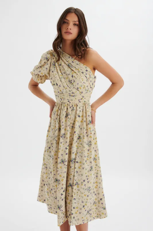POLLY One Shoulder Puff Sleeve Midi Dress in Floral Broidery sold by Lavish Alice