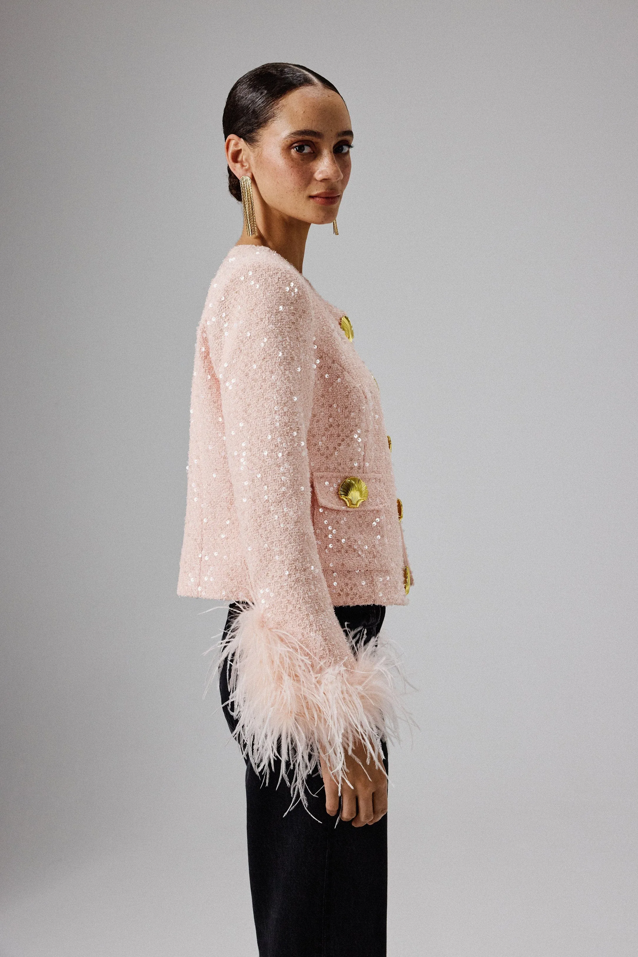 LARIA Sequin Boucle Jacket with Gold Shell Embellishment in Pink sold by Lavish Alice product image thumbnail 3