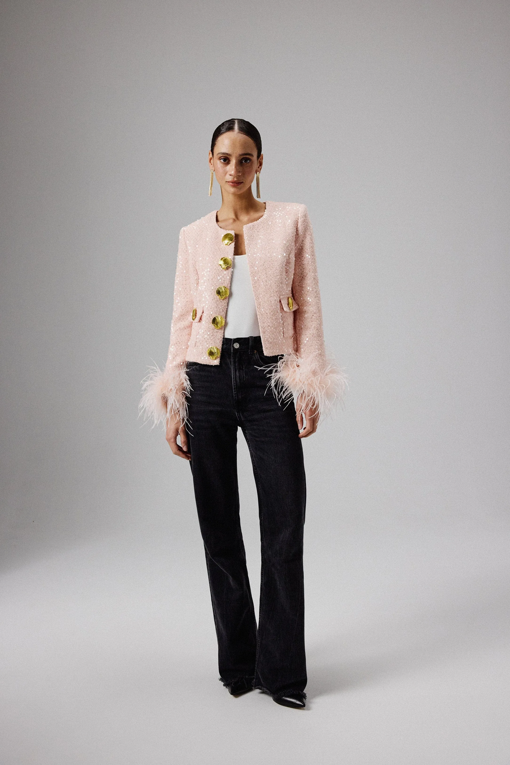 LARIA Sequin Boucle Jacket with Gold Shell Embellishment in Pink sold by Lavish Alice product image thumbnail 2