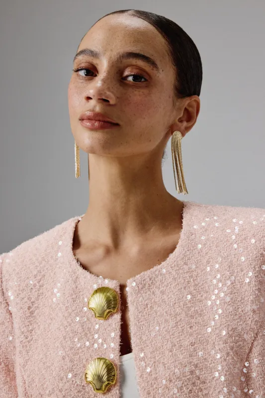 LARIA Sequin Boucle Jacket with Gold Shell Embellishment in Pink sold by Lavish Alice