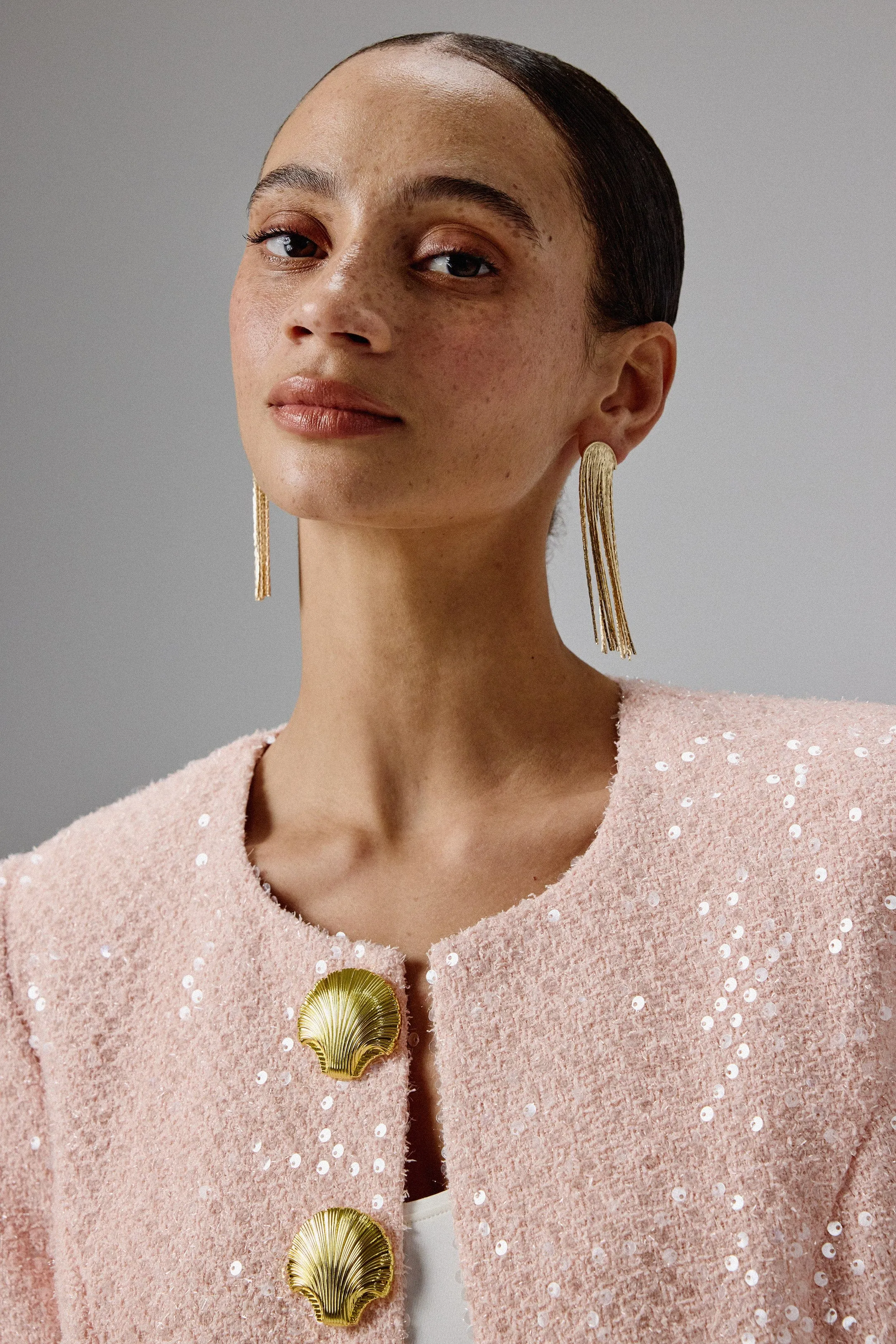 LARIA Sequin Boucle Jacket with Gold Shell Embellishment in Pink sold by Lavish Alice
