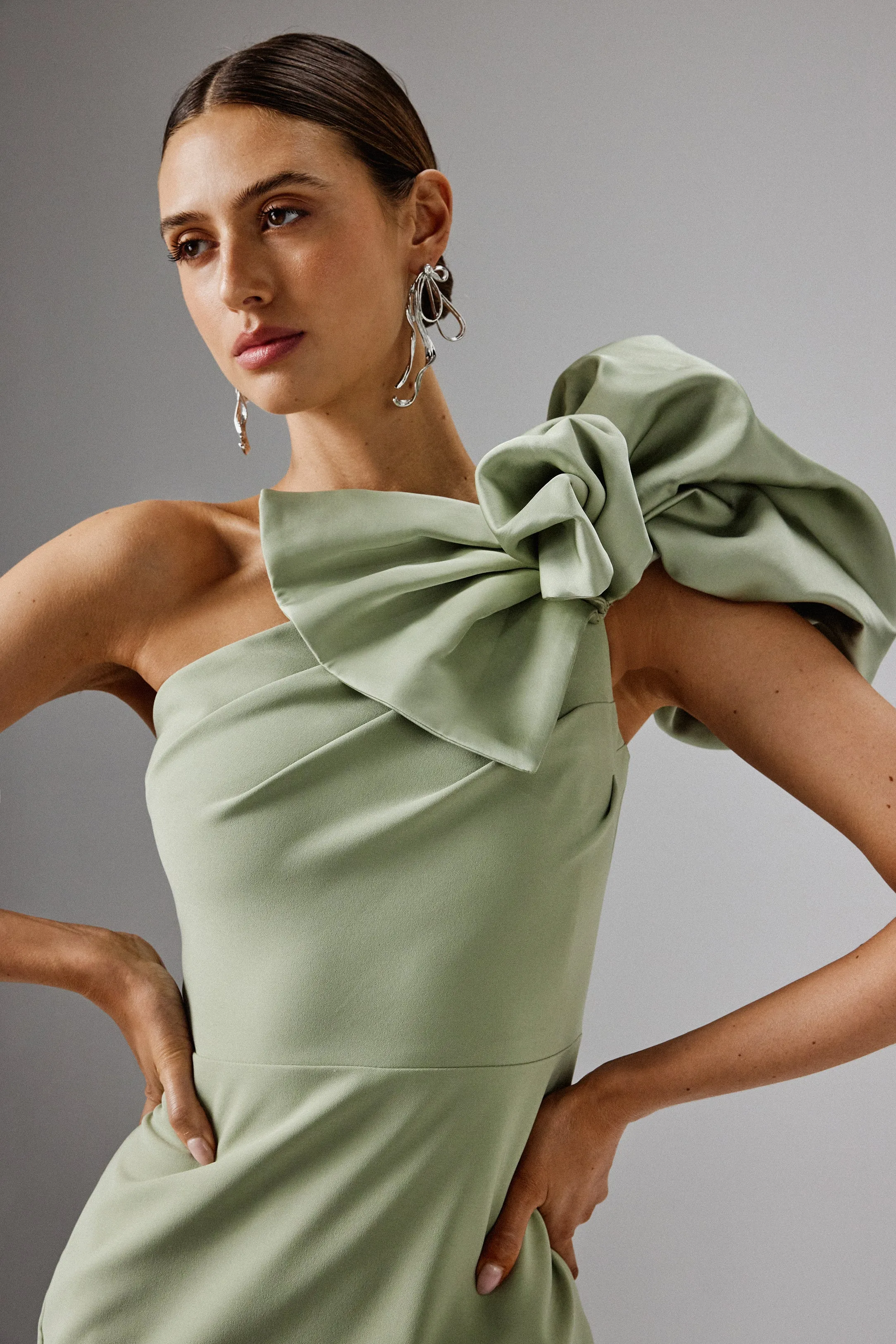 TAYTE One Shoulder Detail Midi Dress in Sage Green sold by Lavish Alice