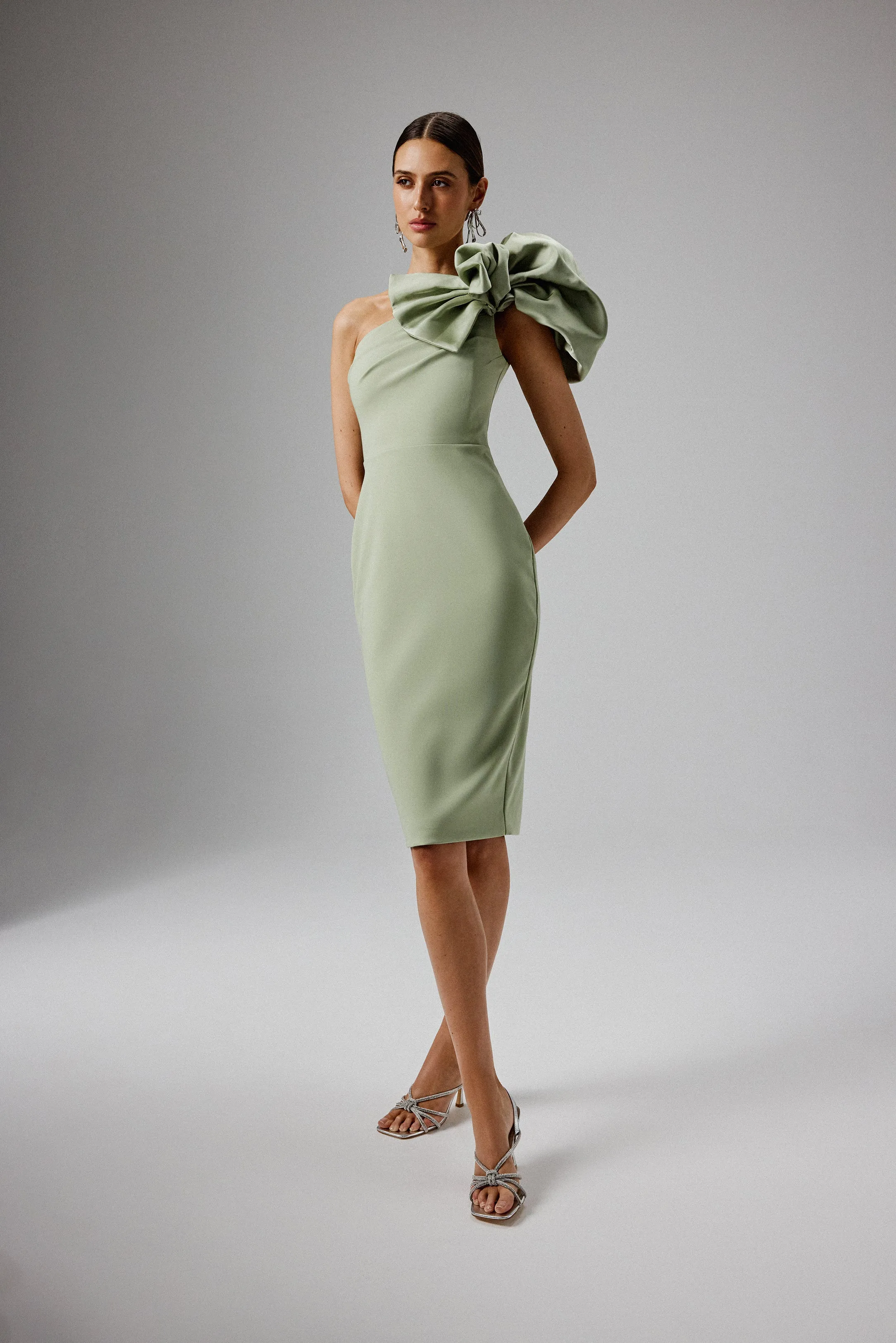 TAYTE One Shoulder Detail Midi Dress in Sage Green sold by Lavish Alice product image thumbnail 3