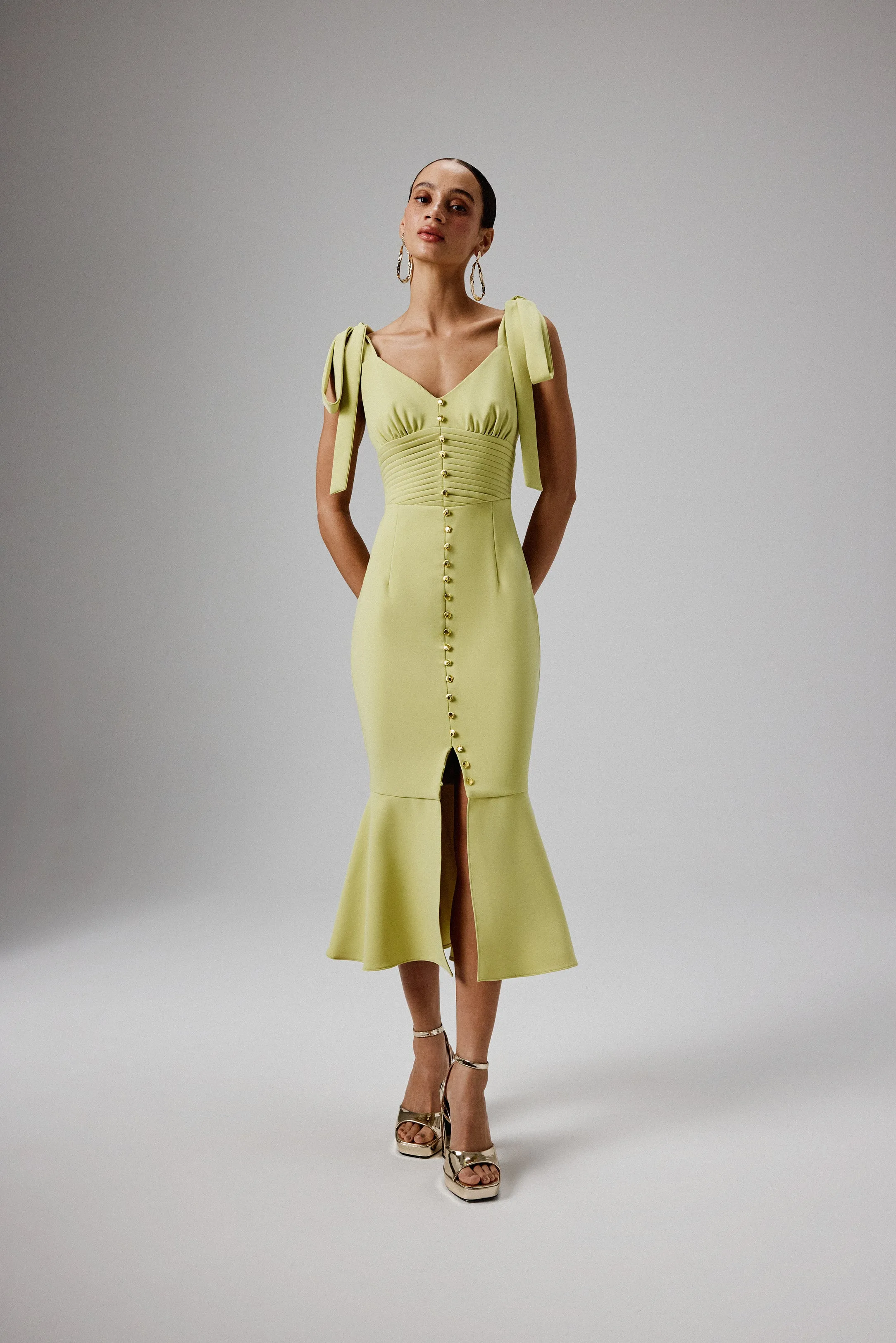 KAMILA Tie Strap Micro Shell Button Midi Dress in Lime Green sold by Lavish Alice product image thumbnail 2