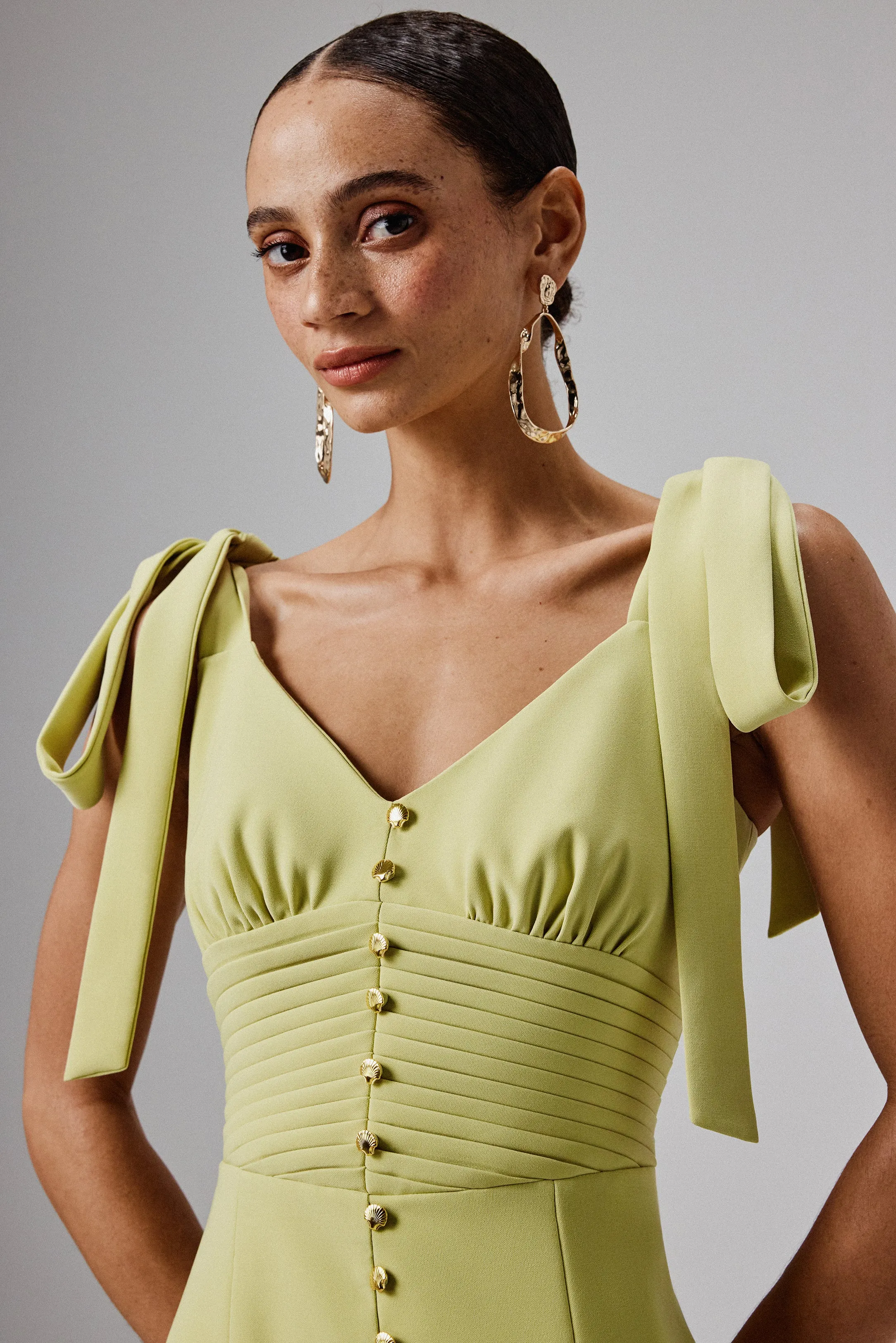 KAMILA Tie Strap Micro Shell Button Midi Dress in Lime Green sold by Lavish Alice