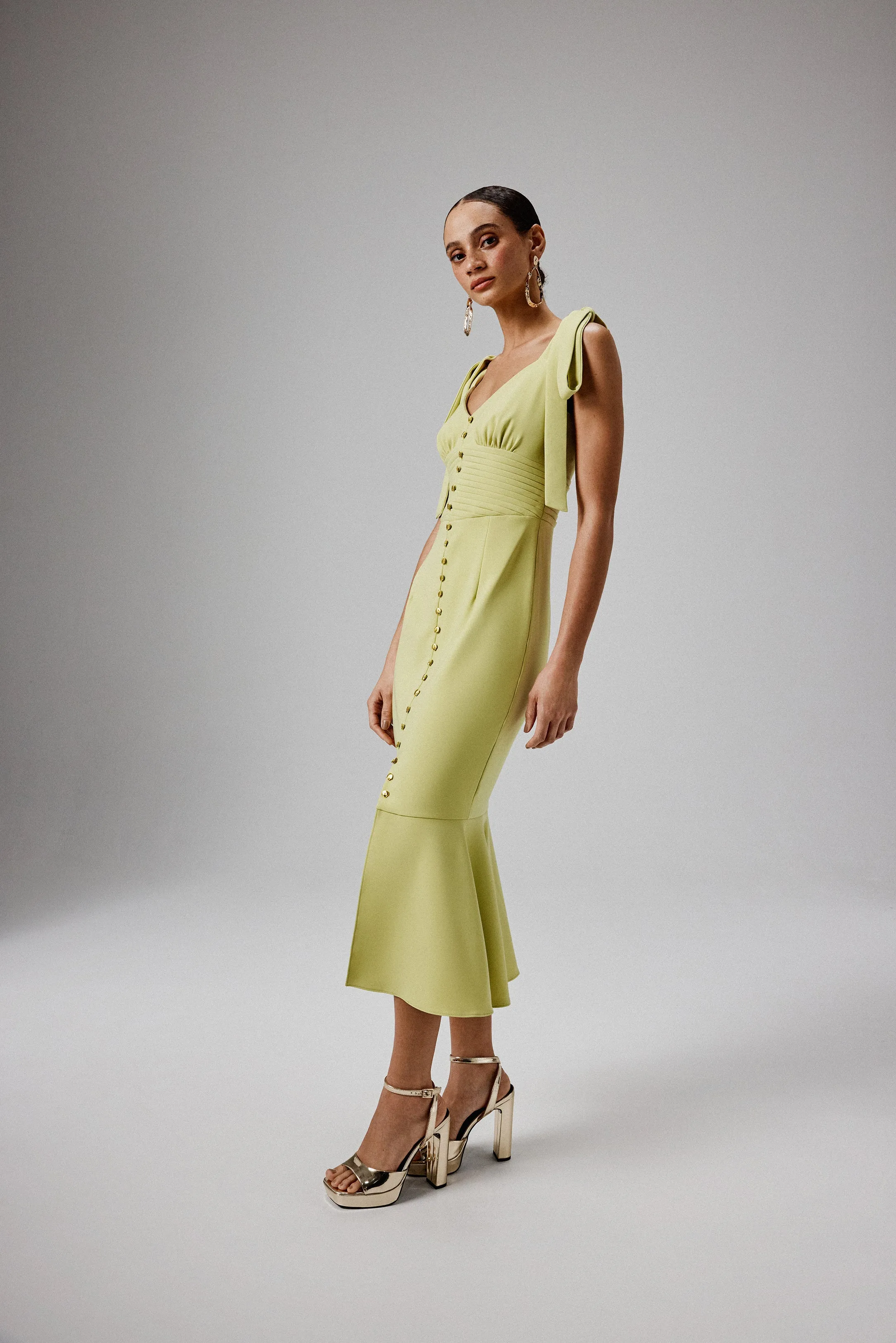 KAMILA Tie Strap Micro Shell Button Midi Dress in Lime Green sold by Lavish Alice product image thumbnail 3