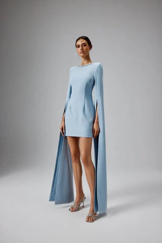 TILLY Cape Sleeve Mini Dress in Light Blue sold by Lavish Alice