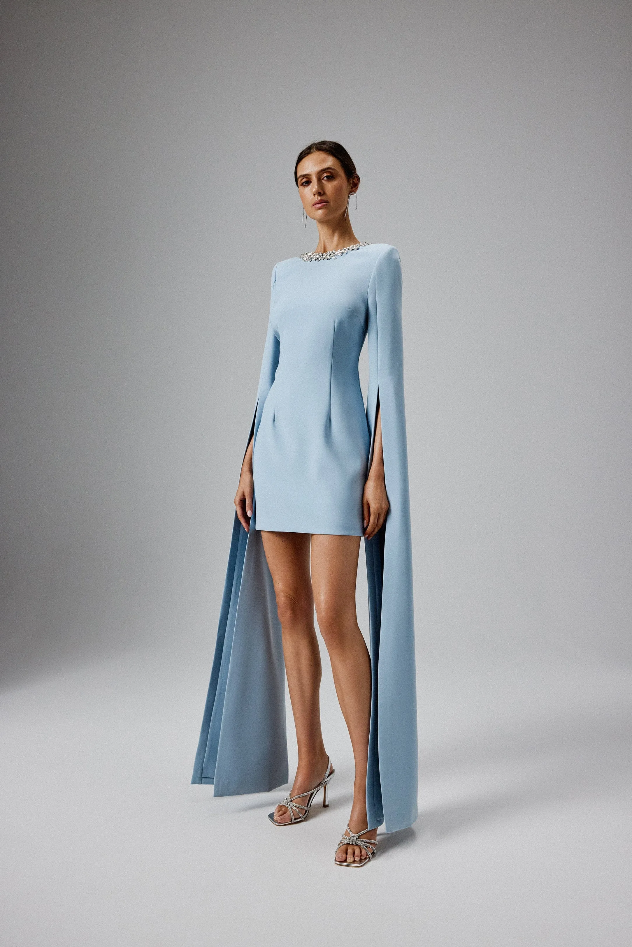 TILLY Cape Sleeve Mini Dress in Light Blue sold by Lavish Alice