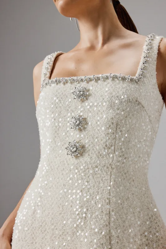 ZOEY Embellished Boucle Tulip Mini Dress in Beige sold by Lavish Alice