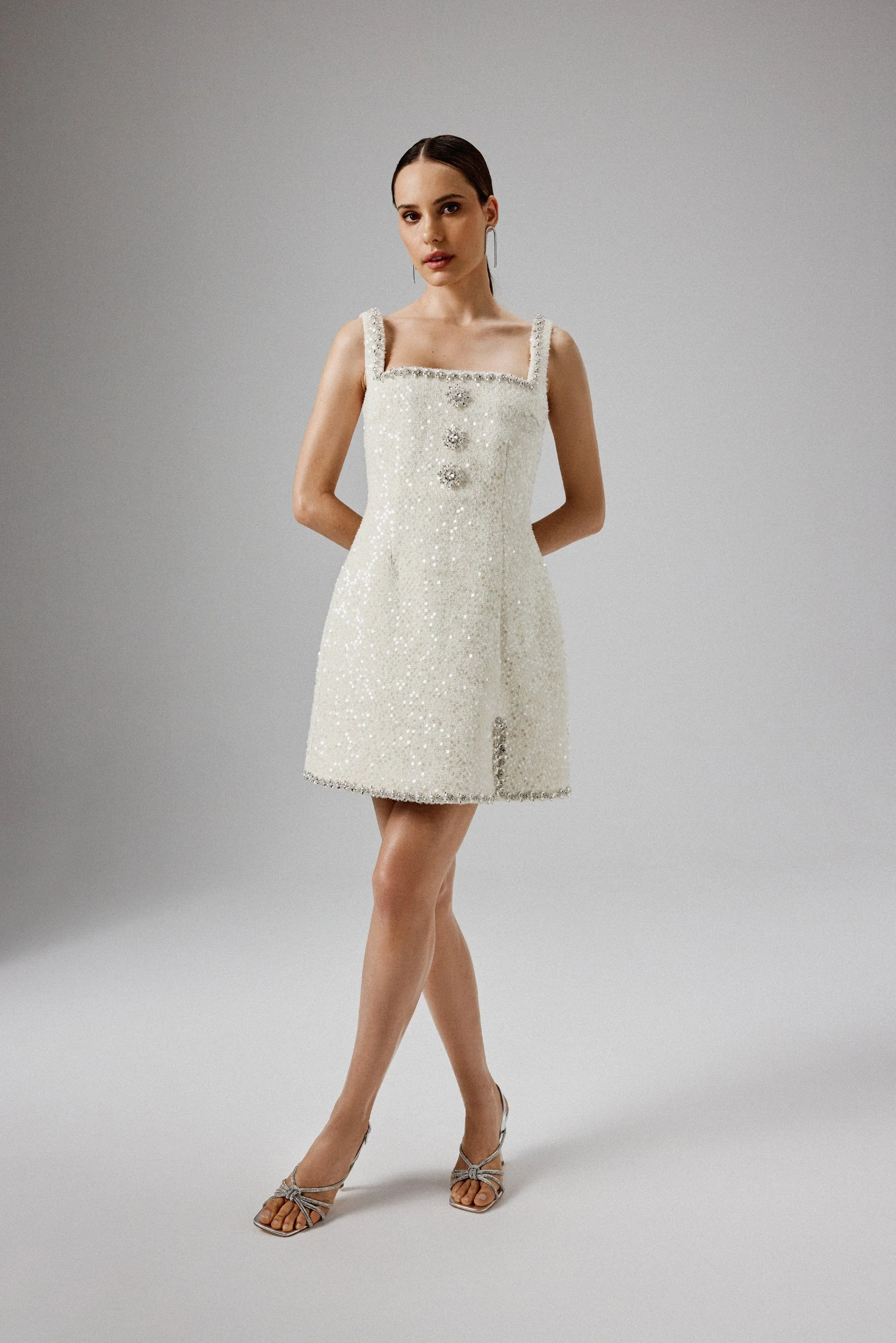 ZOEY Embellished Boucle Tulip Mini Dress in Beige sold by Lavish Alice product image thumbnail 2