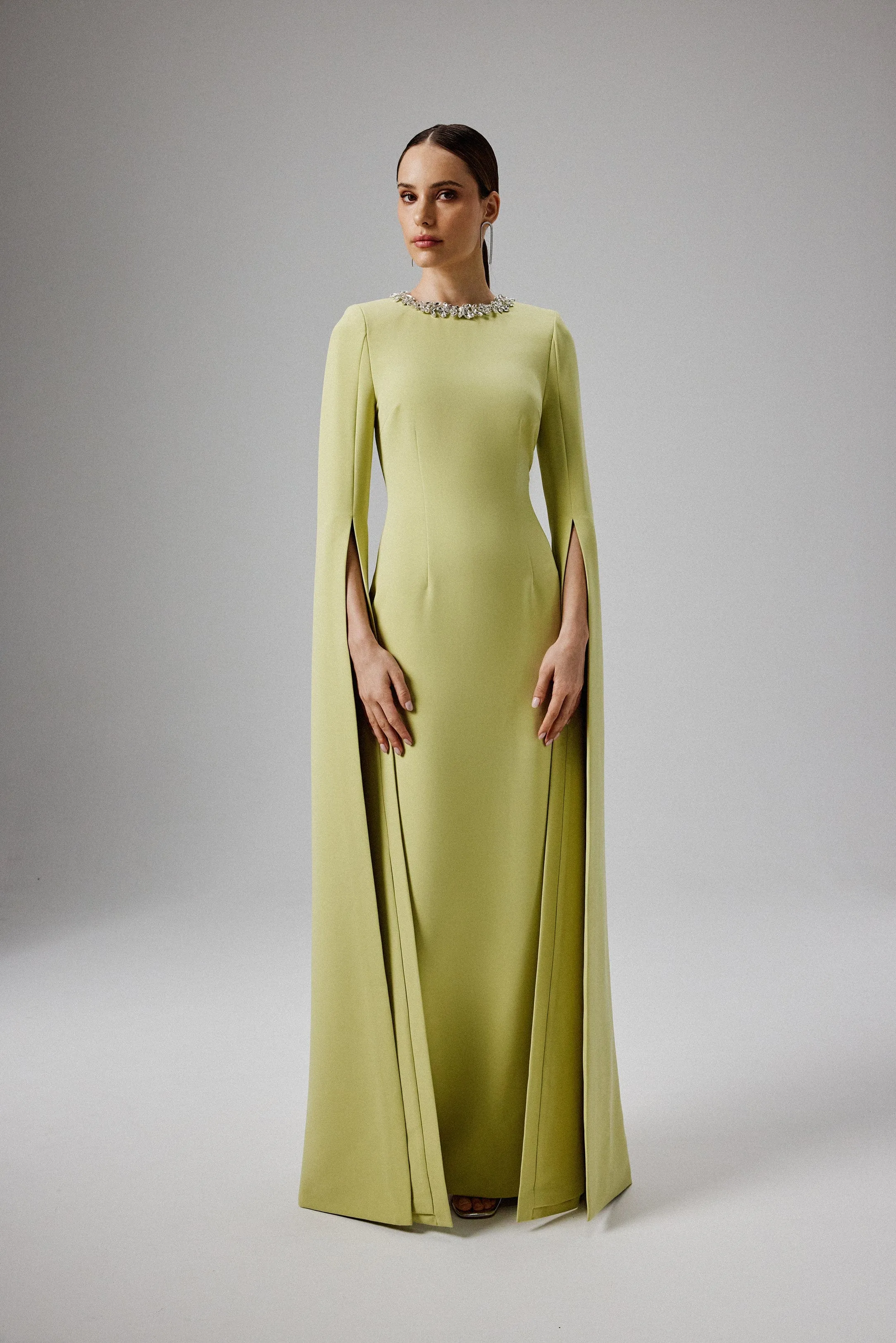 KELLY Cape Sleeve Maxi Dress in Lime Green sold by Lavish Alice