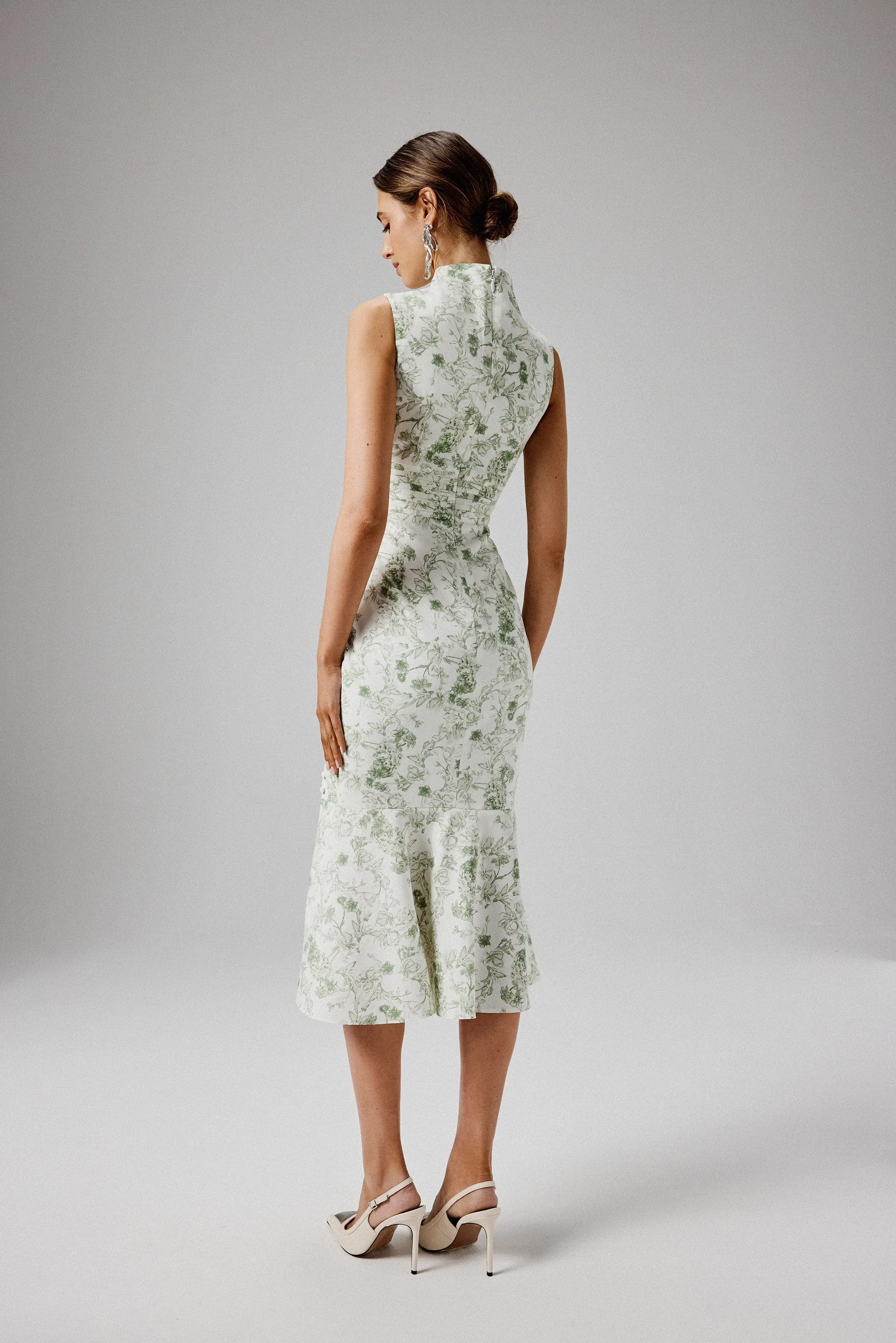 SAFFRON High Neck Crepe Midi Dress in Sage Porcelain Print sold by Lavish Alice product image thumbnail 3