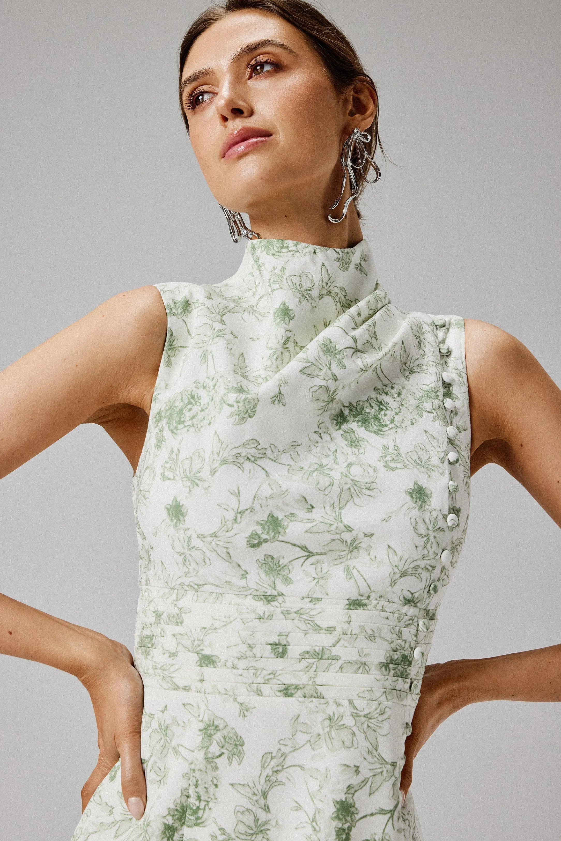 SAFFRON High Neck Crepe Midi Dress in Sage Porcelain Print sold by Lavish Alice product image thumbnail 4