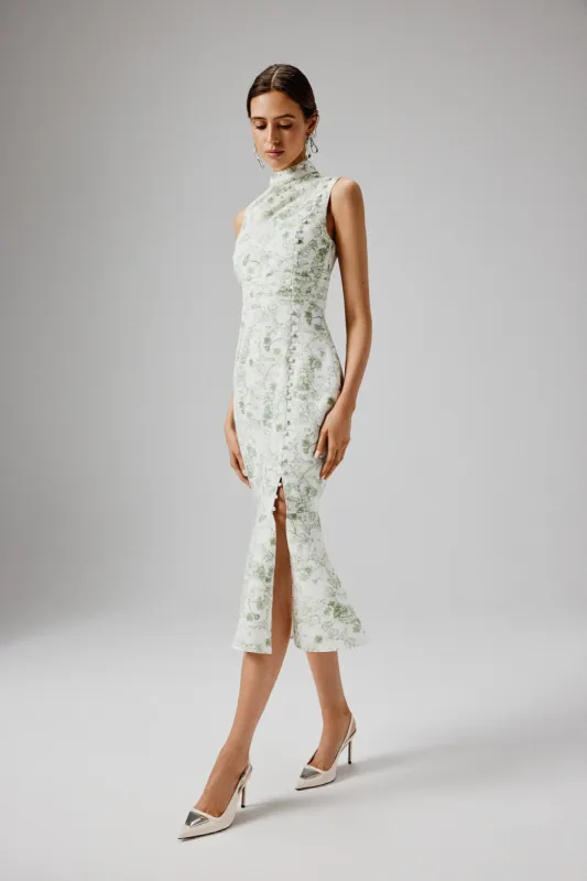 SAFFRON High Neck Crepe Midi Dress in Sage Porcelain Print sold by Lavish Alice
