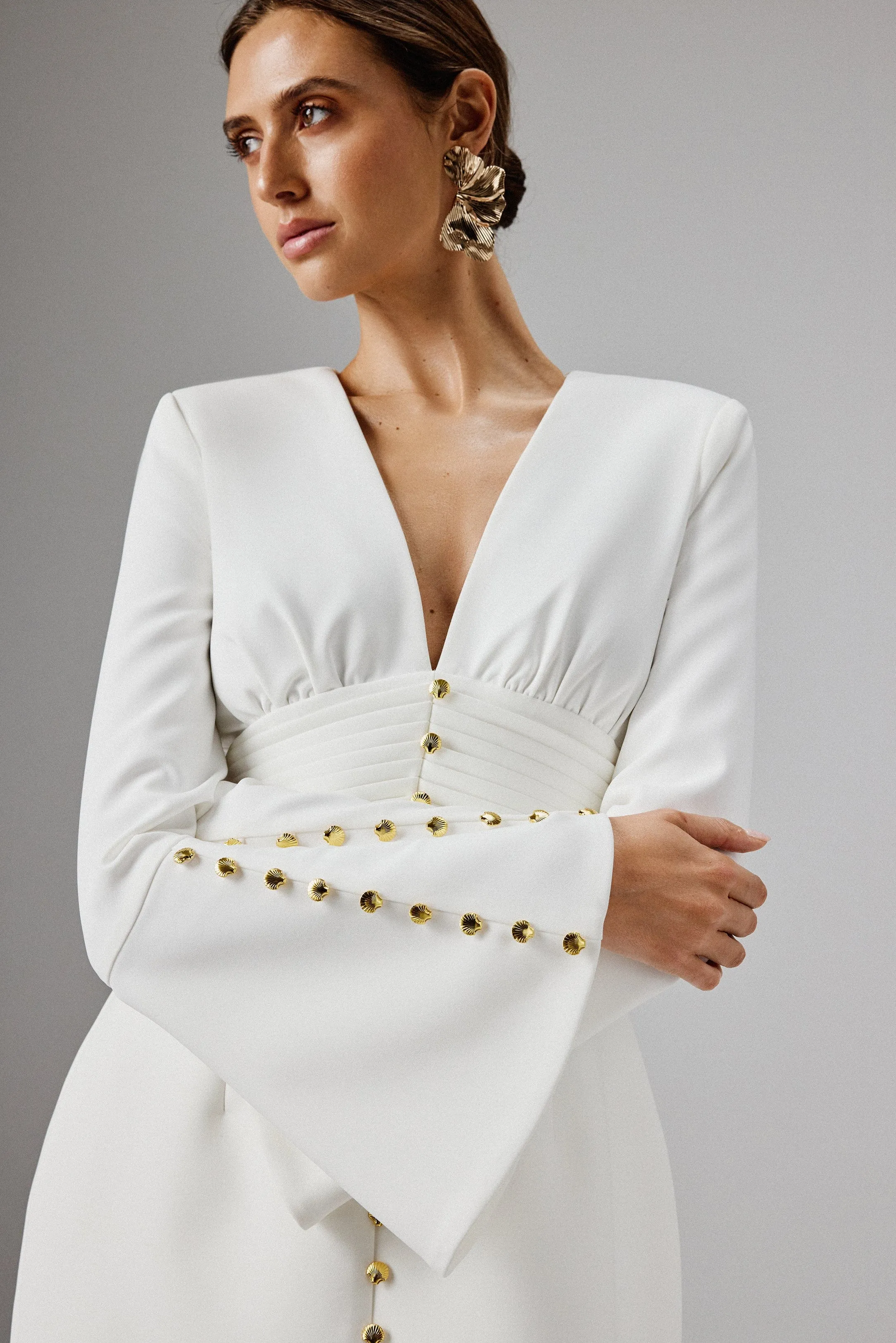 LARA Fluted Sleeve Micro Shell Button Mini Dress in White sold by Lavish Alice product image thumbnail 2