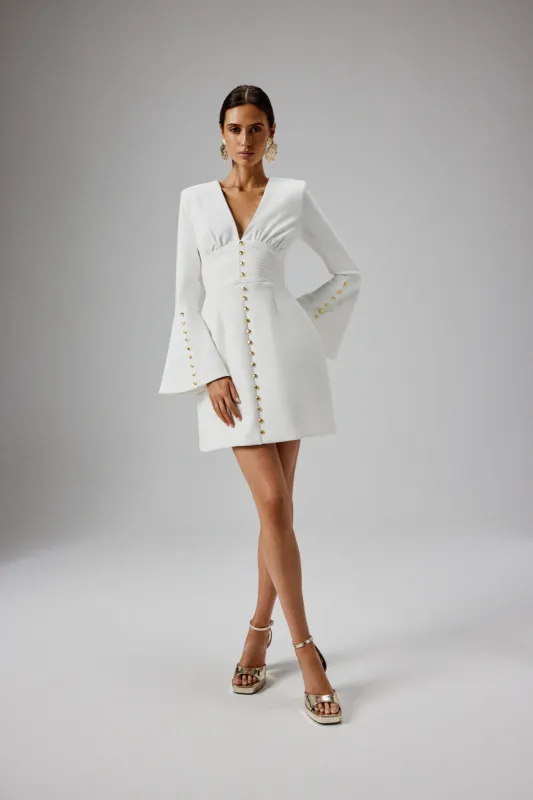LARA Fluted Sleeve Micro Shell Button Mini Dress in White sold by Lavish Alice