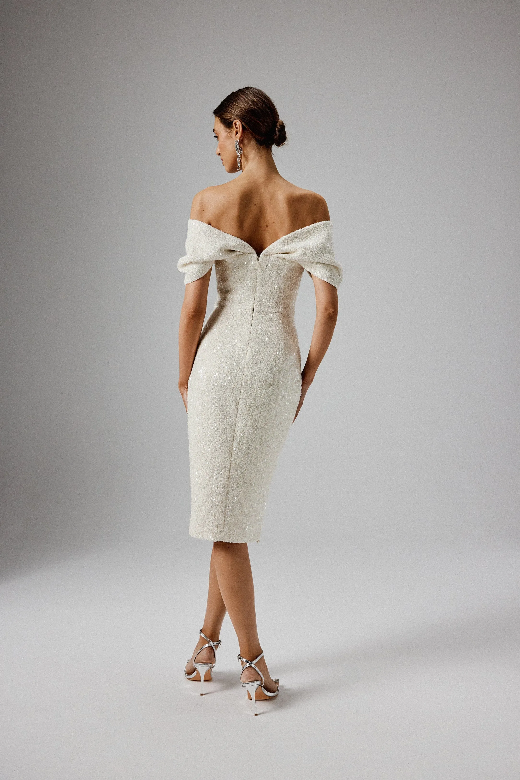 HARLEEN Draped Bardot Sequin Boucle Midi Dress in Beige sold by Lavish Alice product image thumbnail 4