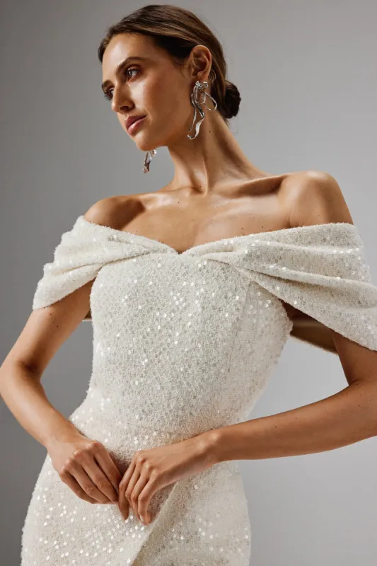 HARLEEN Draped Bardot Sequin Boucle Midi Dress in Beige sold by Lavish Alice