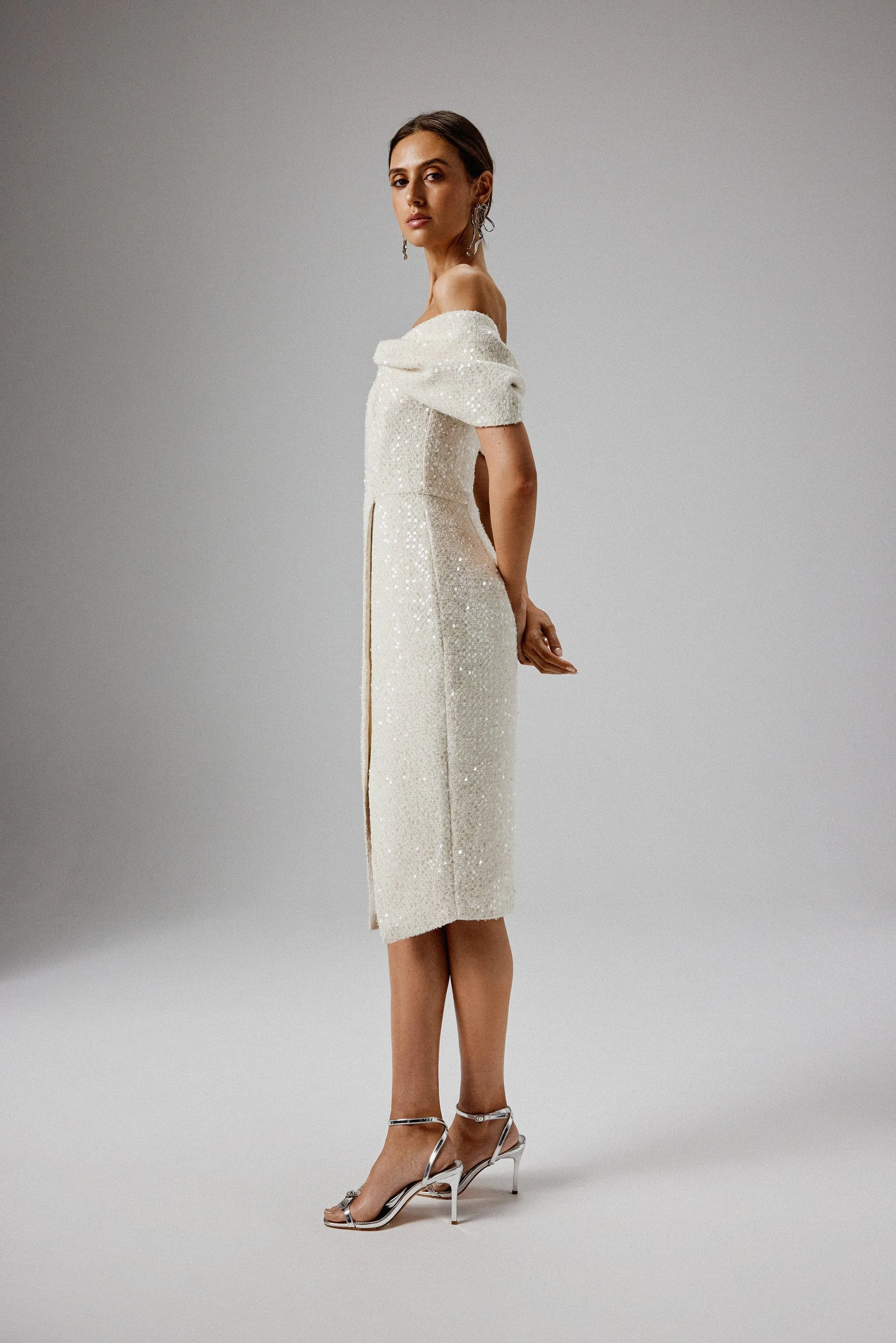 HARLEEN Draped Bardot Sequin Boucle Midi Dress in Beige sold by Lavish Alice product image thumbnail 3