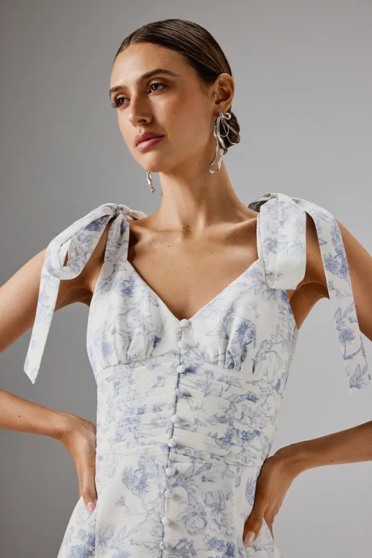 KAMILA Tie Strap Micro Button Crepe Midi Dress in Blue Porcelain Print sold by Lavish Alice