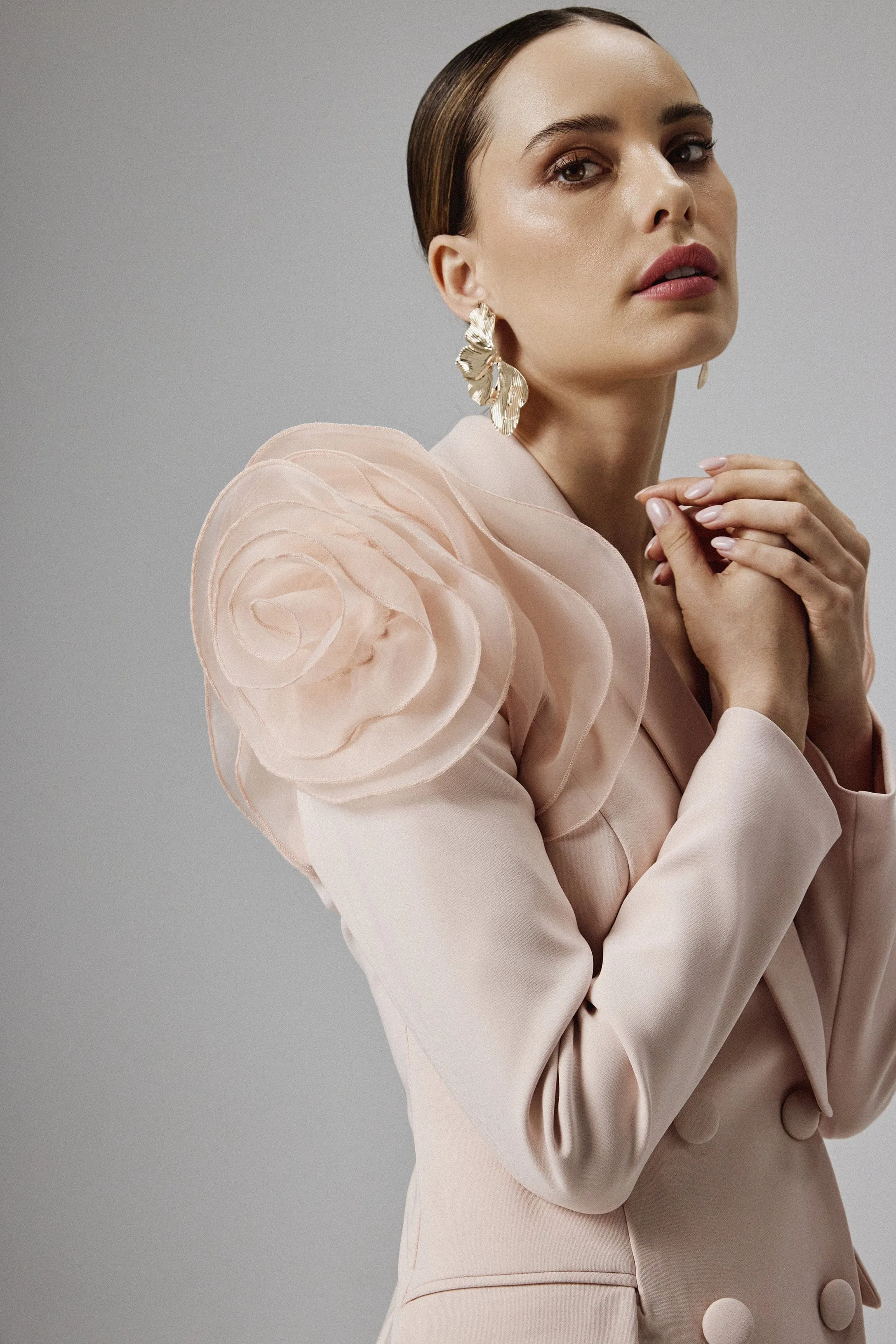 RIA Organza Rose Sleeve Blazer Mini Dress in Light Pink sold by Lavish Alice