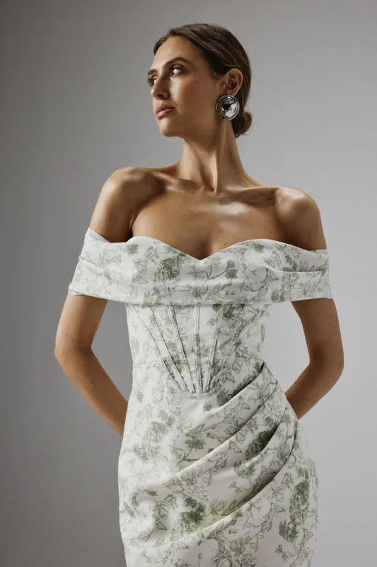 GEORGIE Off Shoulder Lace Up Mini Dress in Sage Porcelain sold by Lavish Alice