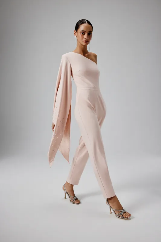KADY Ombre Embellished One Shoulder Jumpsuit in Blush Pink made by Lavish Alice
