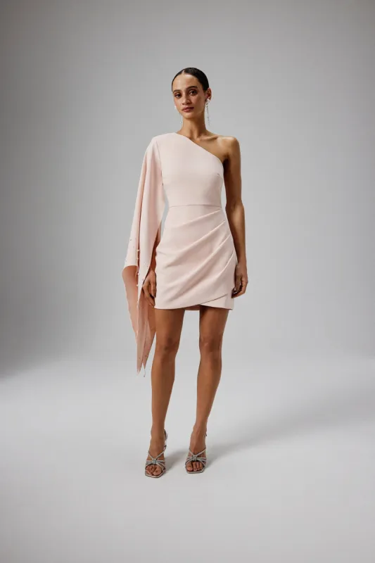 REMI One Shoulder Embellished Cape Mini Dress in Blush Pink sold by Lavish Alice