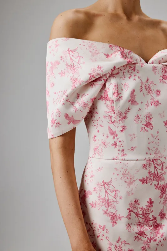 HARLEEN Draped Bardot Bonded Satin Midi Dress in Pink Porcelain sold by Lavish Alice